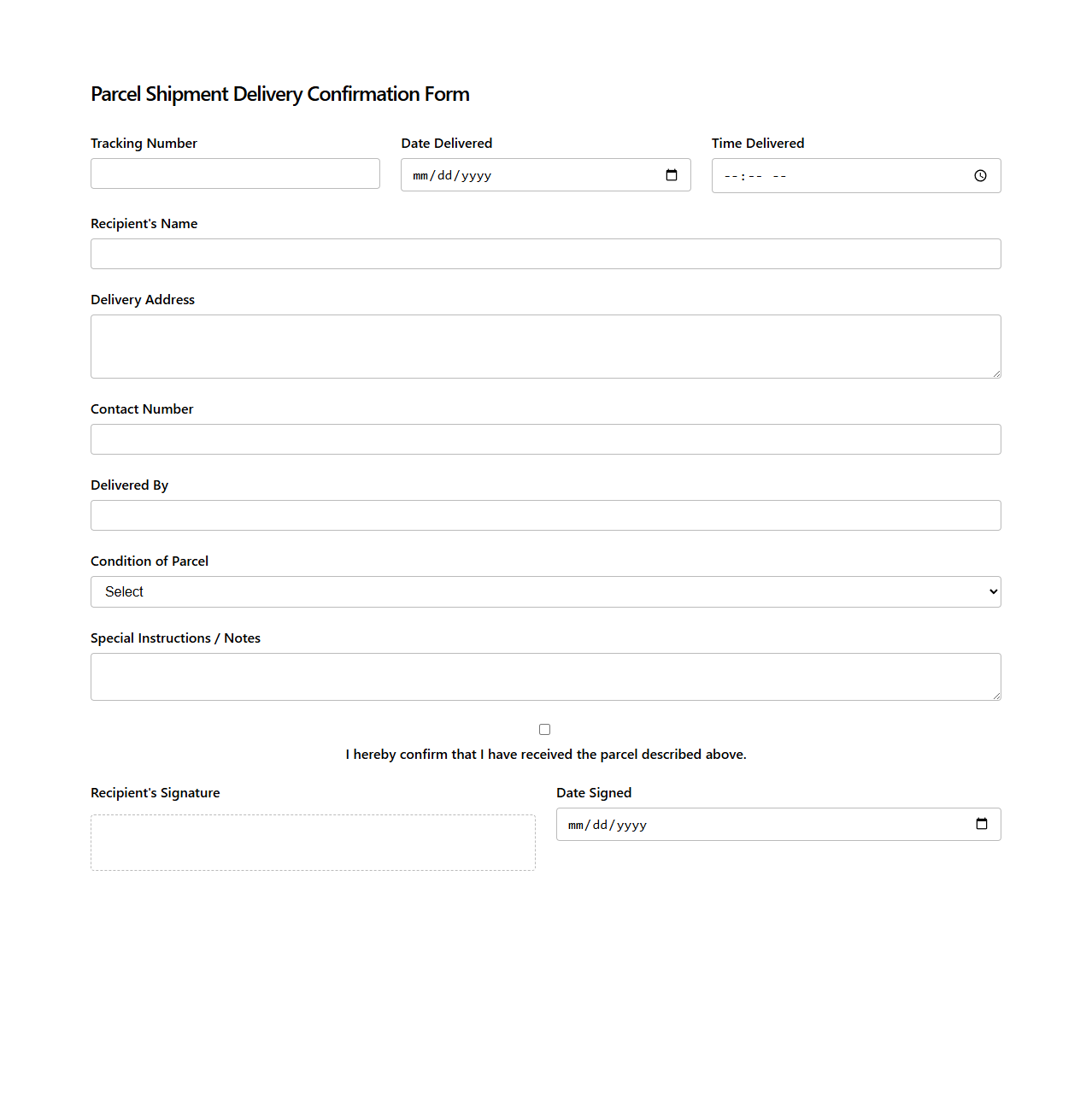 Parcel Shipment Delivery Confirmation Form