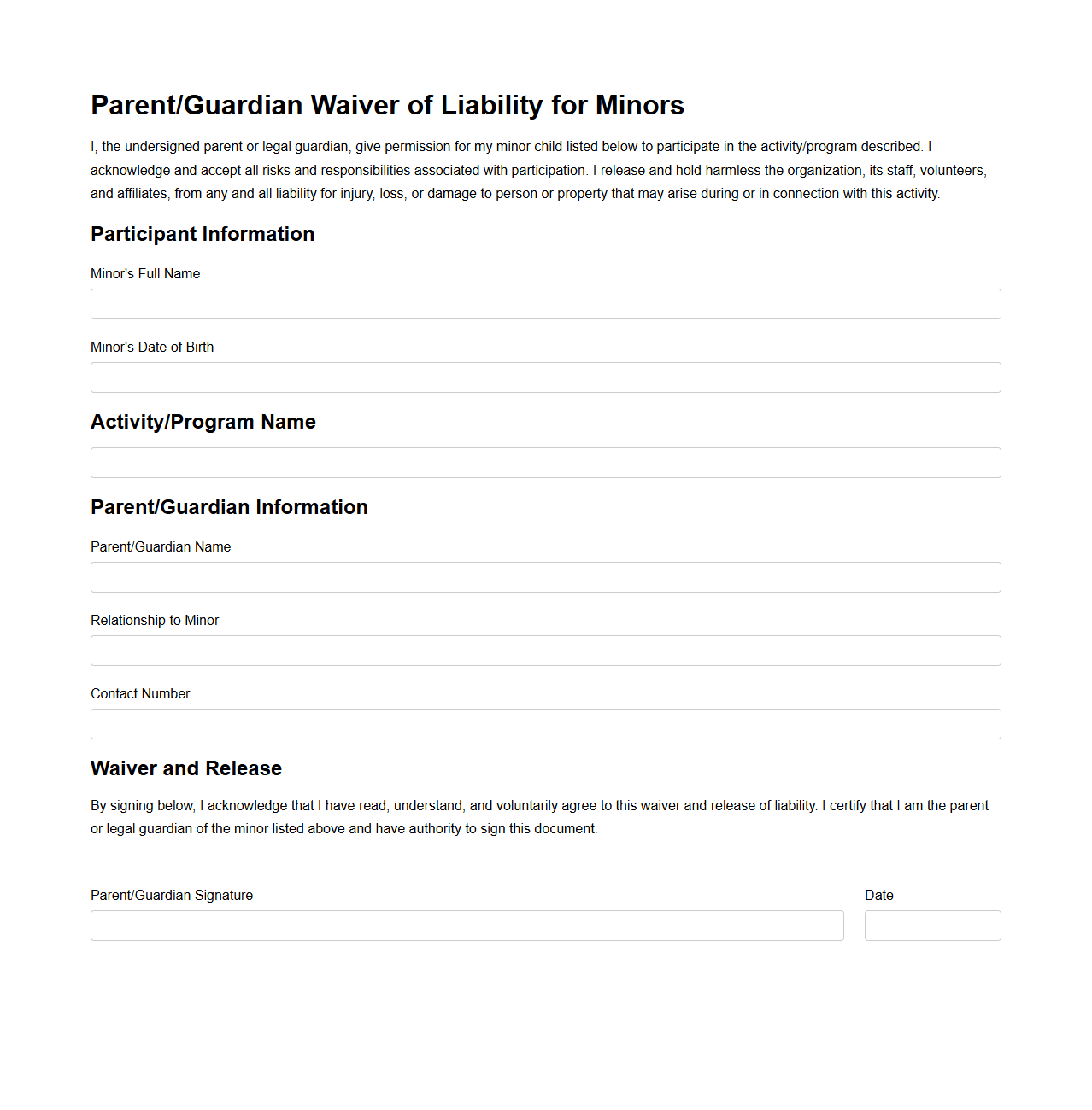 Parent-Guardian Waiver of Liability for Minors
