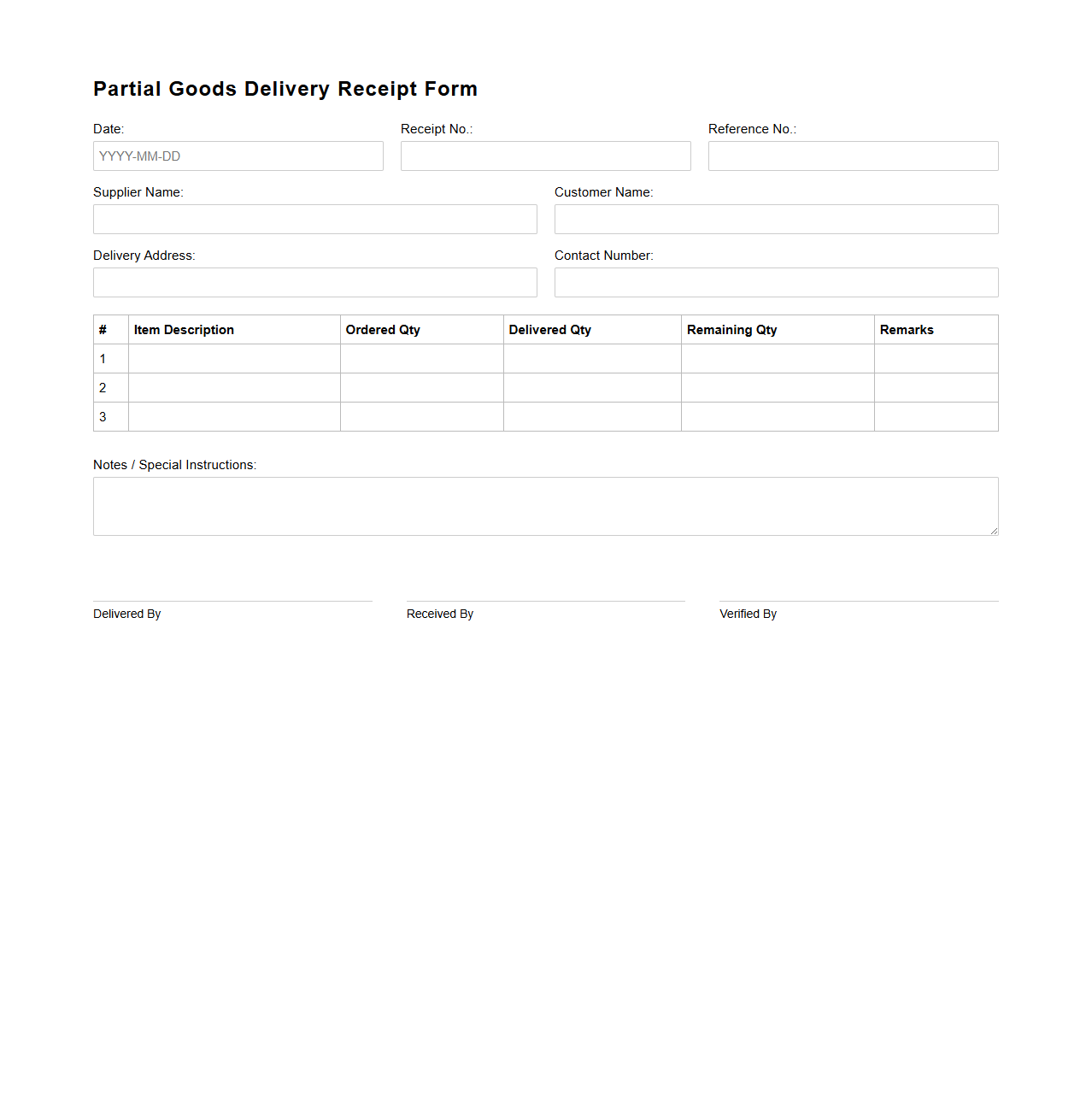 Partial Goods Delivery Receipt Form