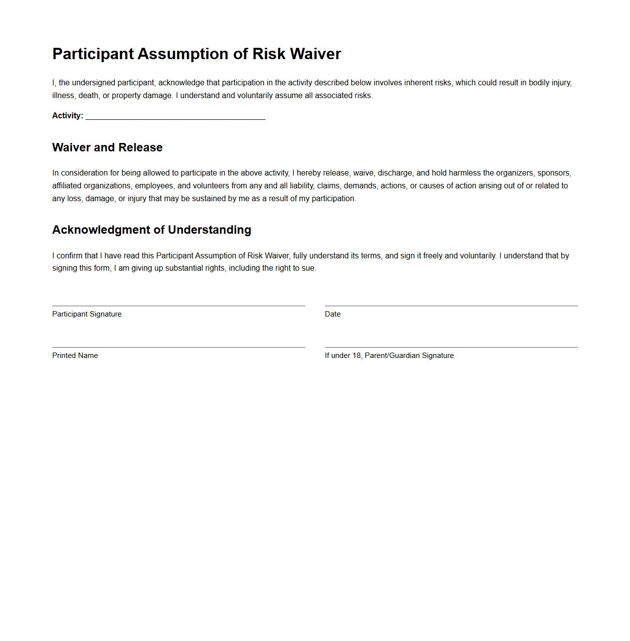 Participant Assumption of Risk Waiver