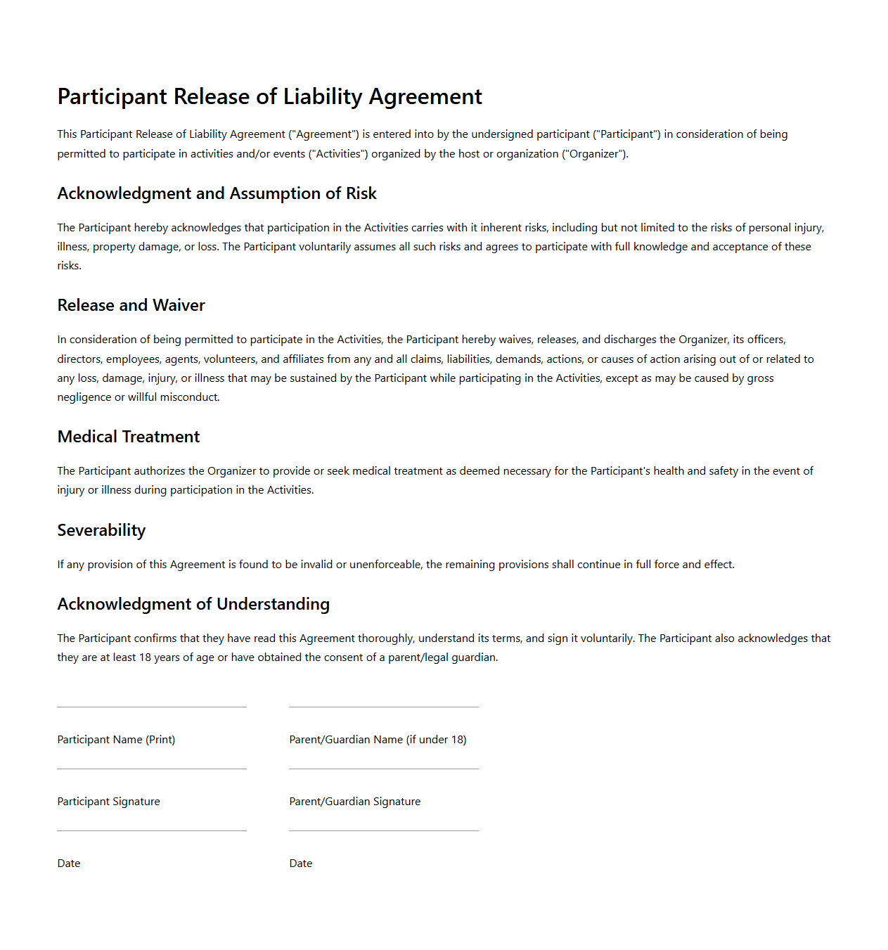 Participant Release of Liability Agreement