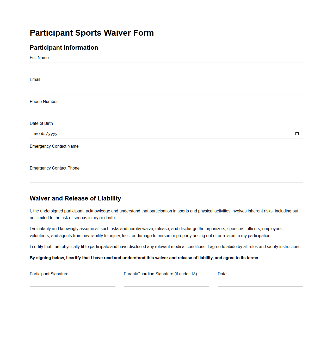 Participant Sports Waiver Form Template