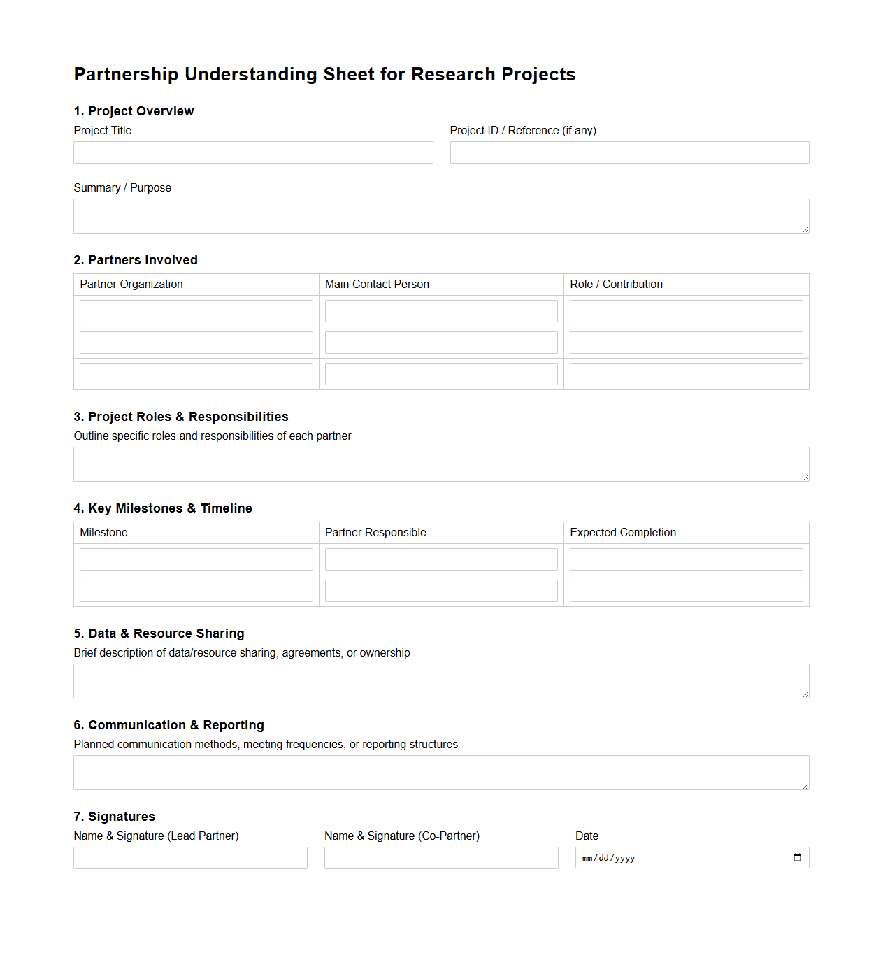 Partnership Understanding Sheet for Research Projects