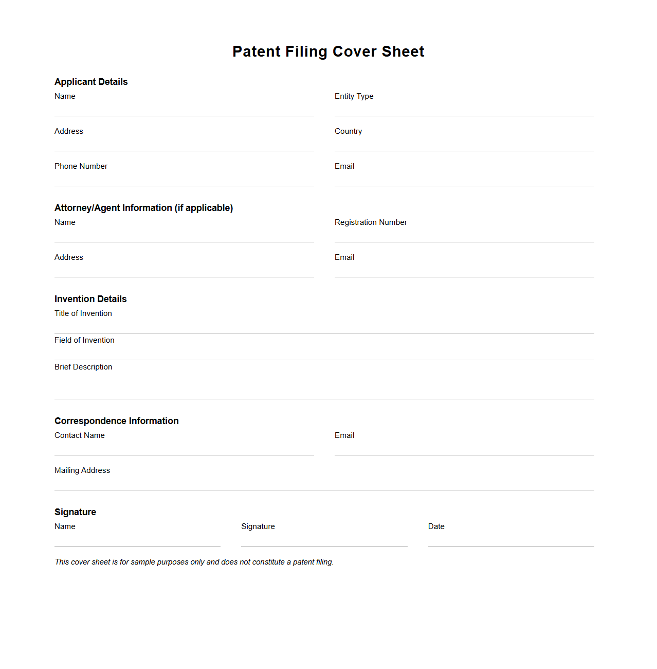 Patent Filing Cover Sheet Template