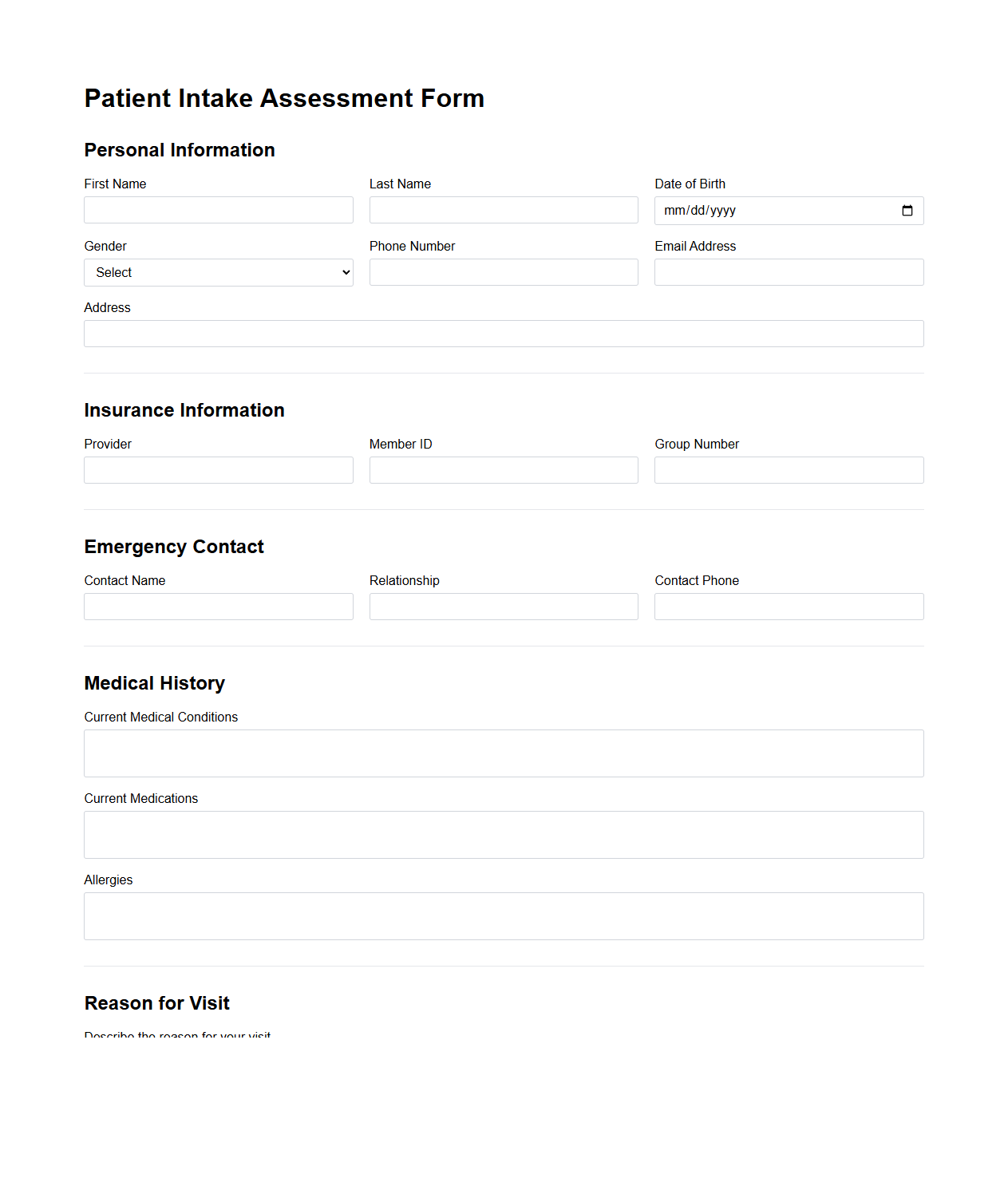 Patient Intake Assessment Form