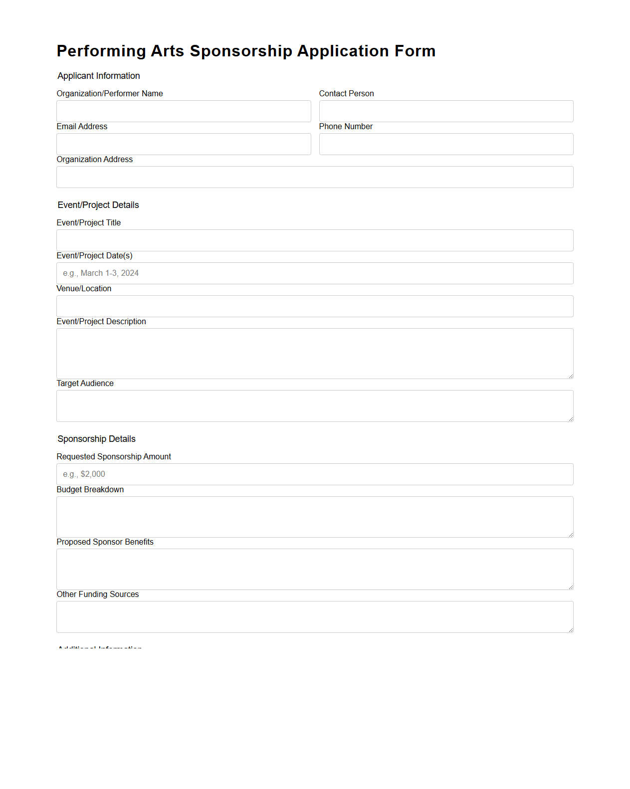 Performing Arts Sponsorship Application Form