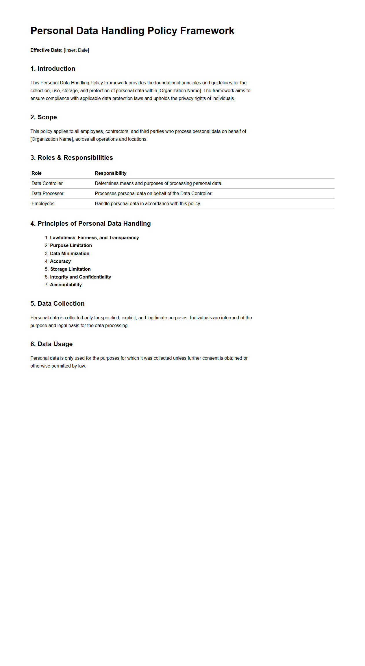 Personal Data Handling Policy Framework