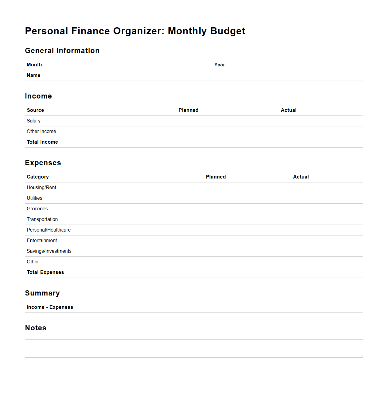 Personal Finance Organizer: Monthly Budget Layout