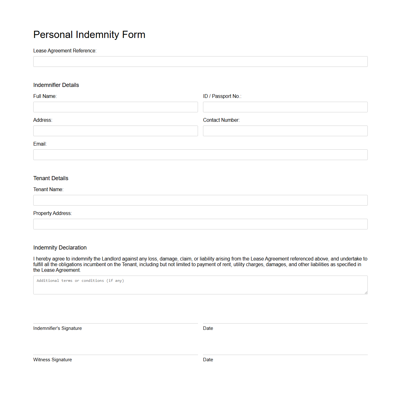 Personal Indemnity Form for Lease Agreements