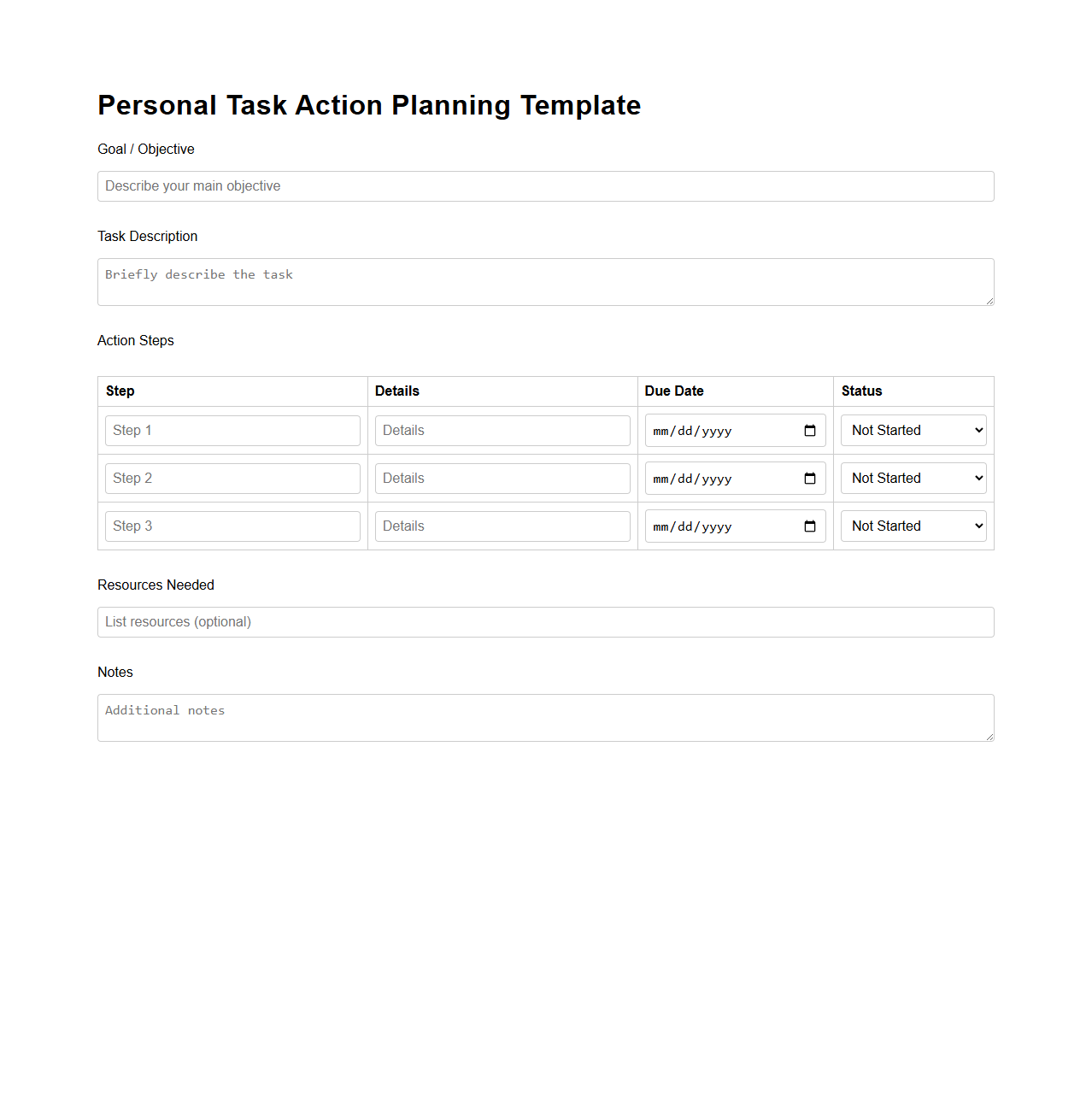 Personal Task Action Planning Template