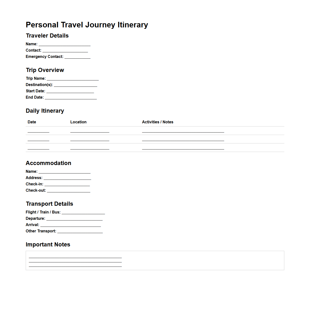 Personal Travel Journey Itinerary Format