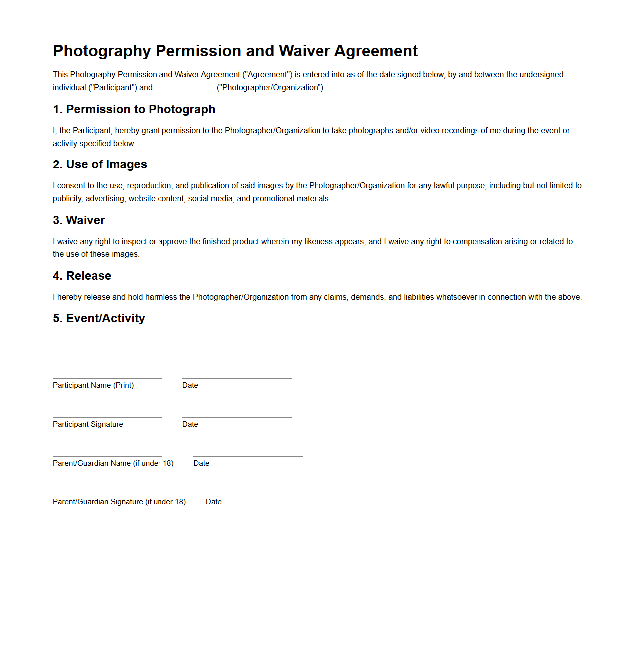 Photography Permission and Waiver Agreement