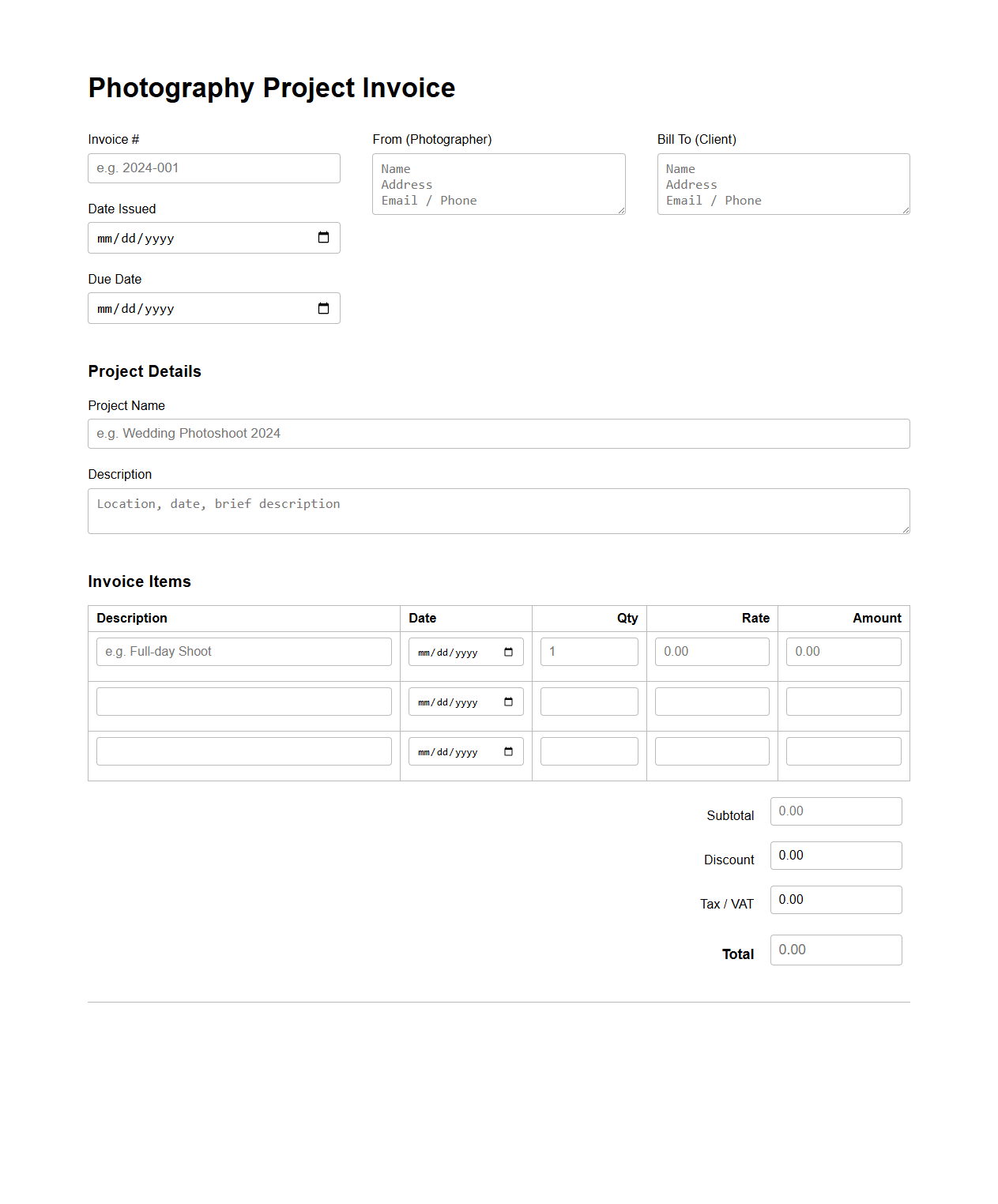 Photography Project Invoice Sheet