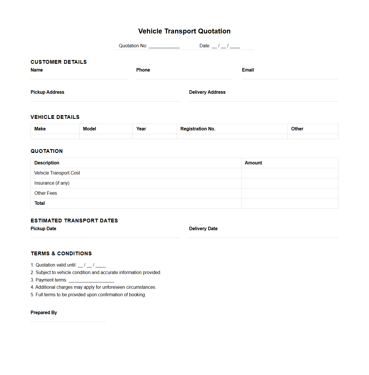Plain Vehicle Transport Quotation Template