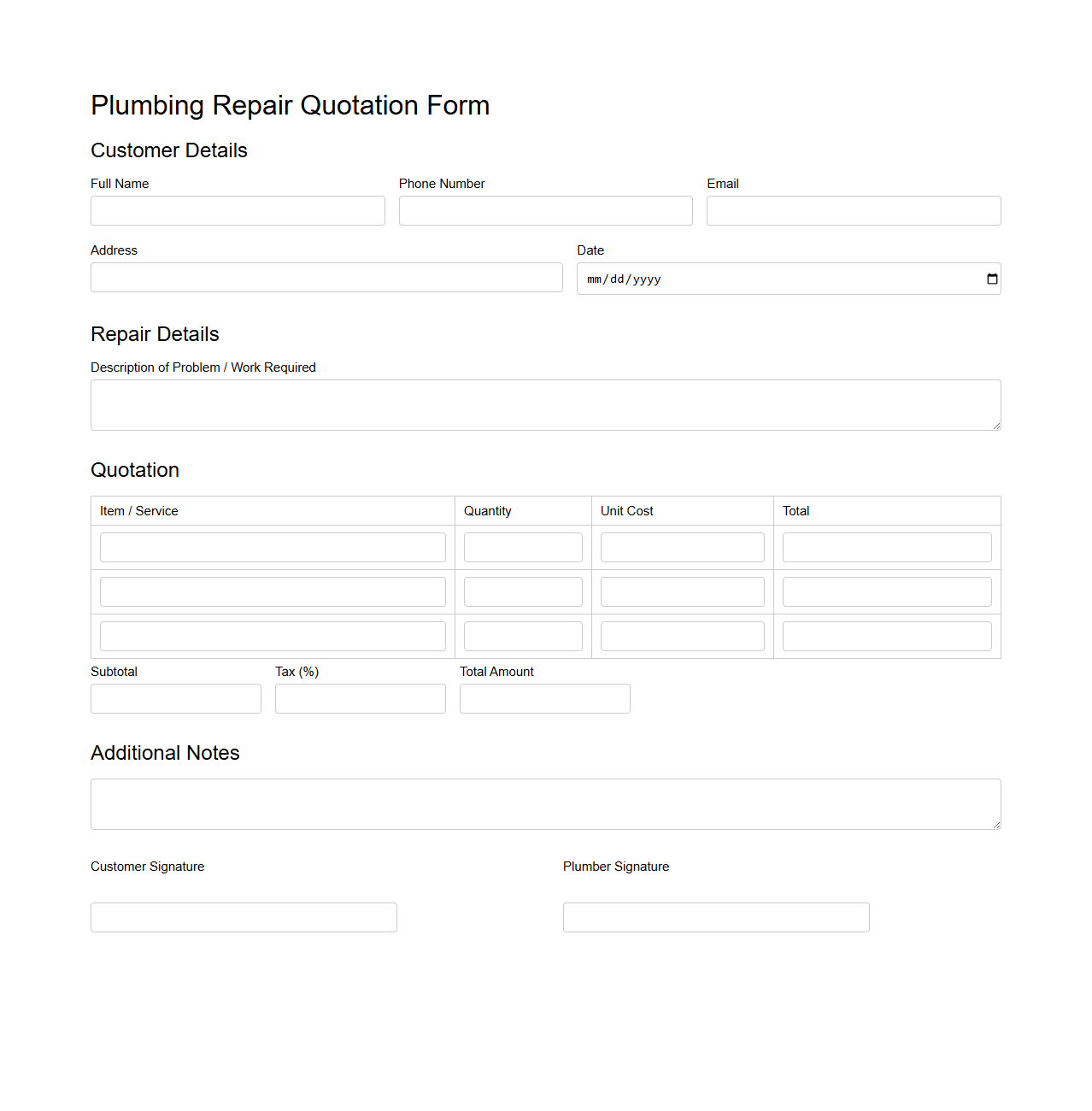 Plumbing Repair Quotation Form