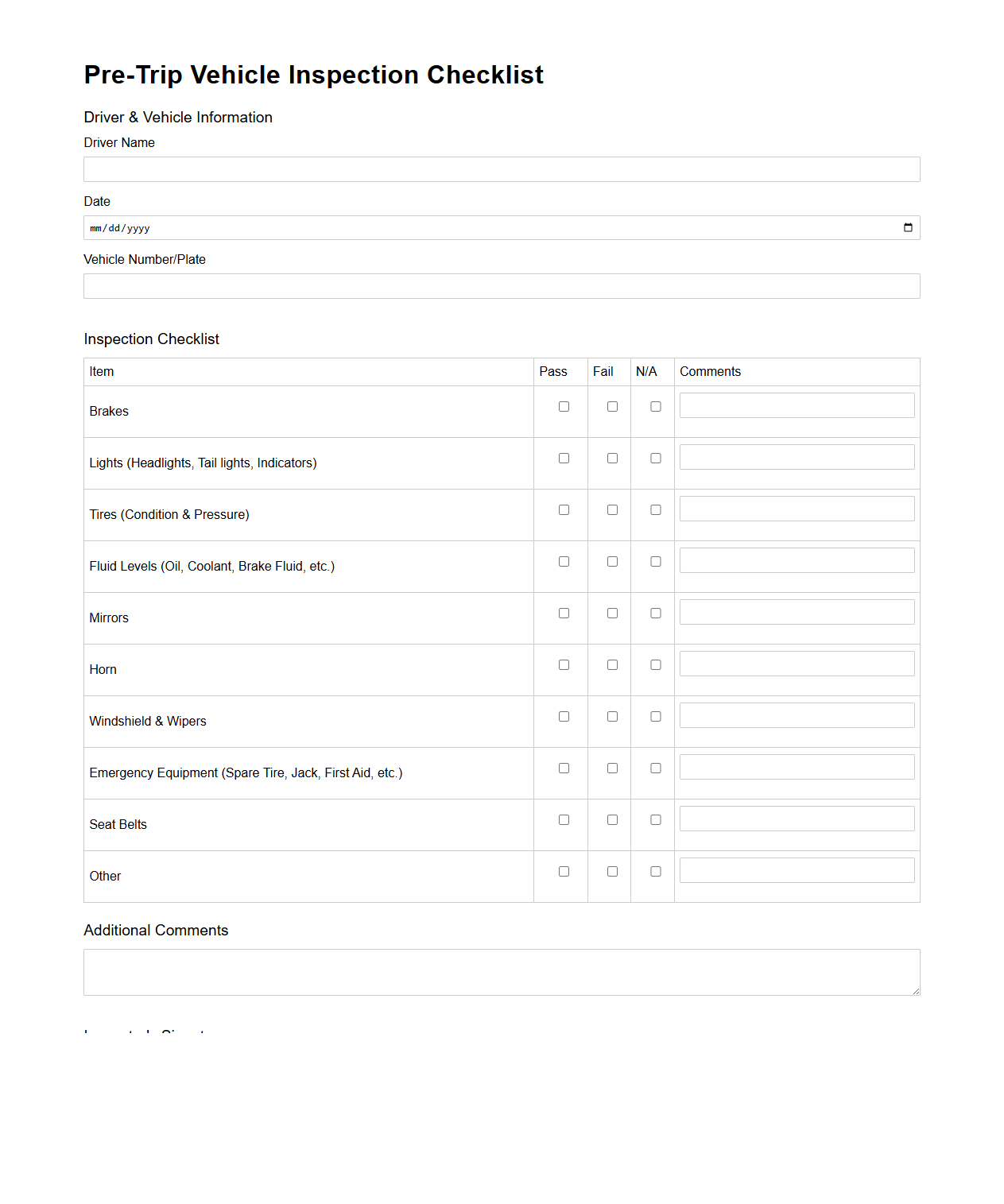Pre-Trip Vehicle Inspection Checklist Template