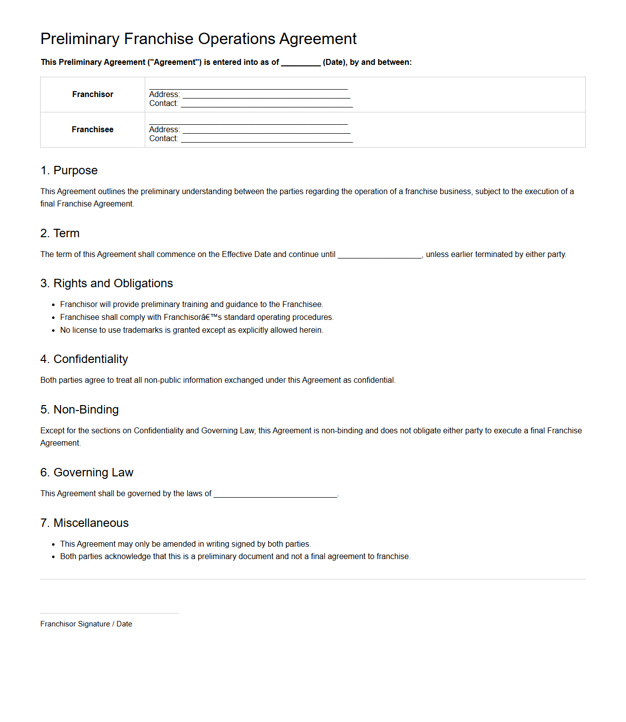 Preliminary Franchise Operations Agreement Blank Draft