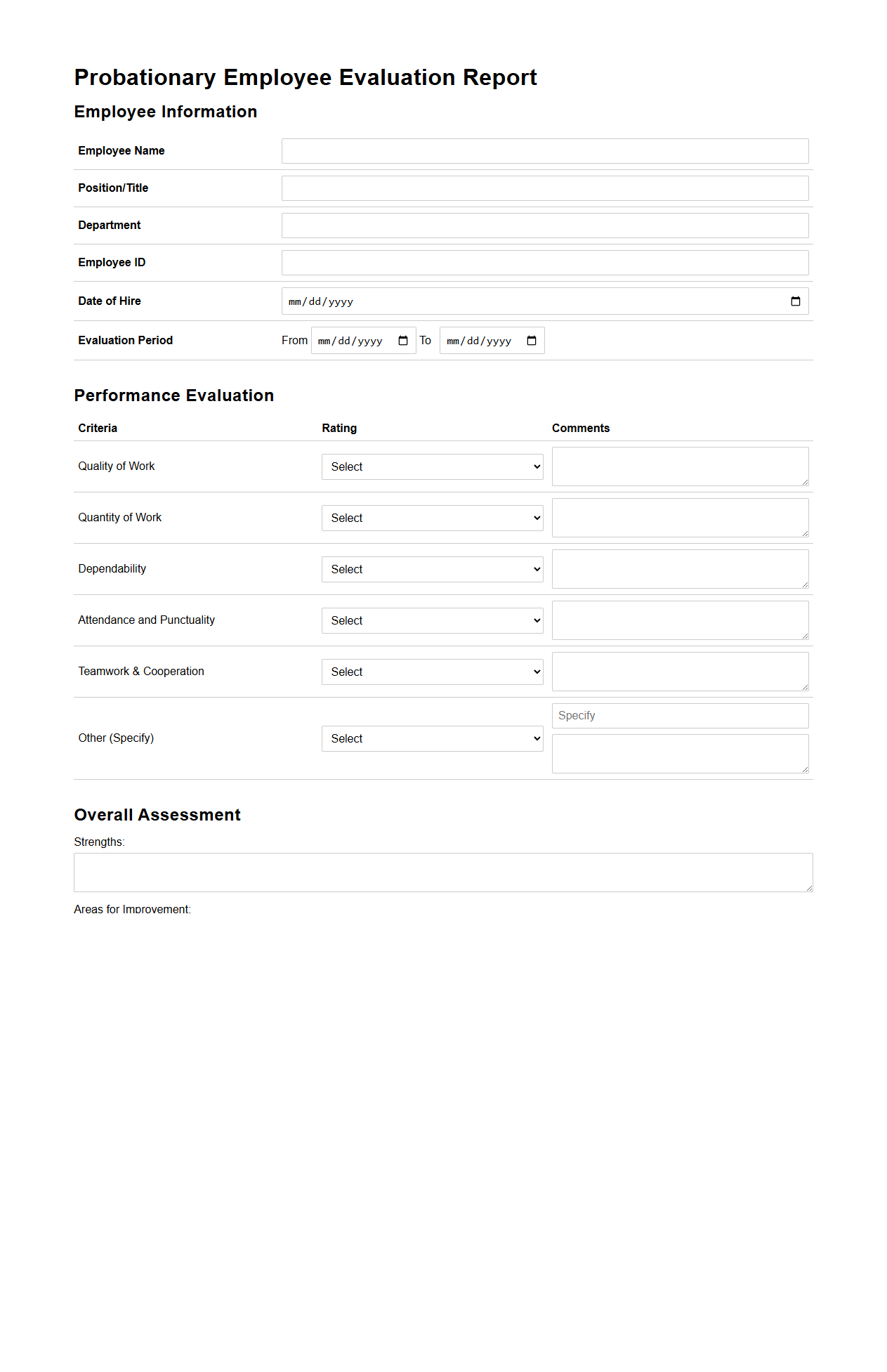 Probationary Employee Evaluation Report Template