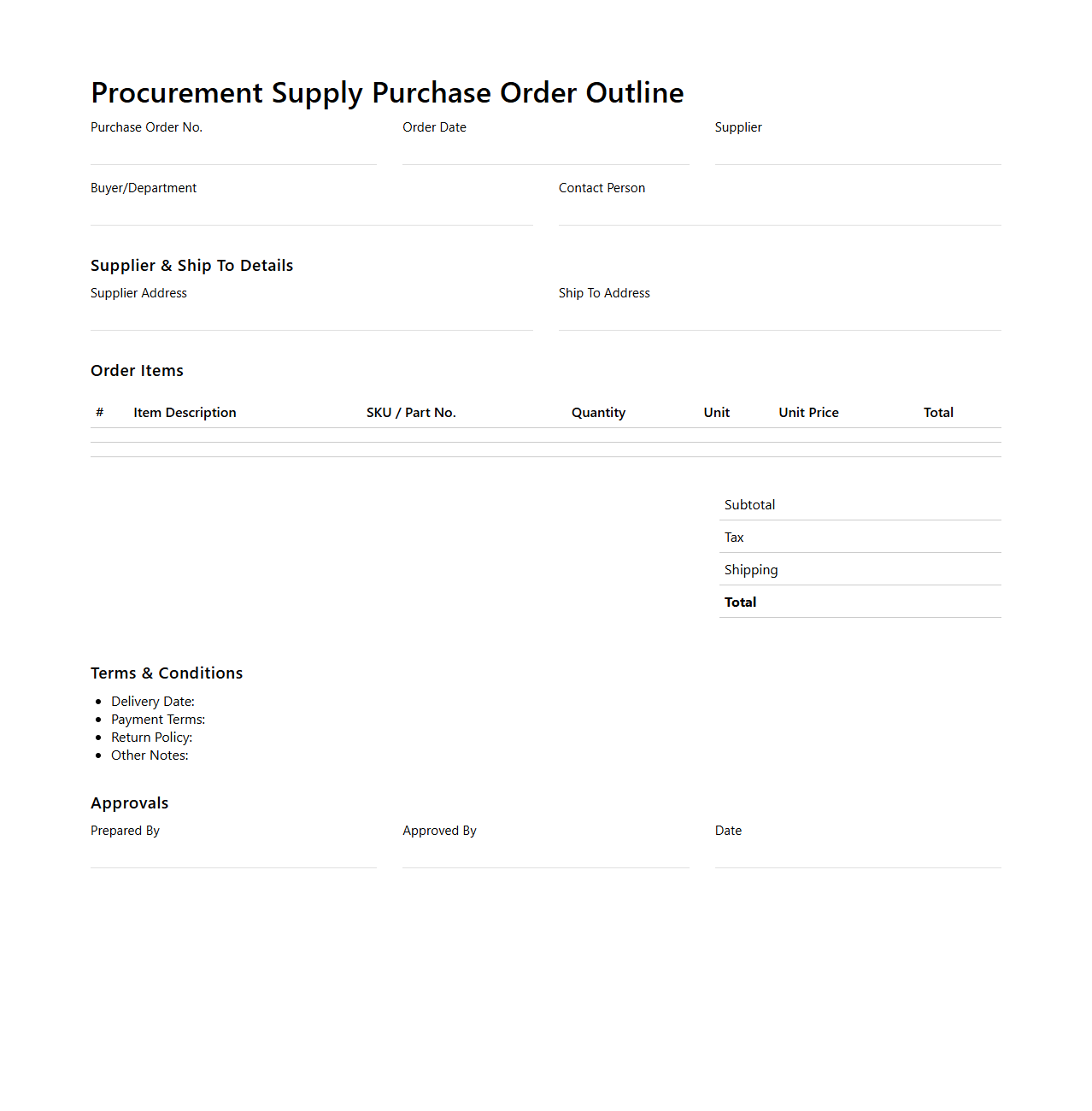 Procurement Supply Purchase Order Outline