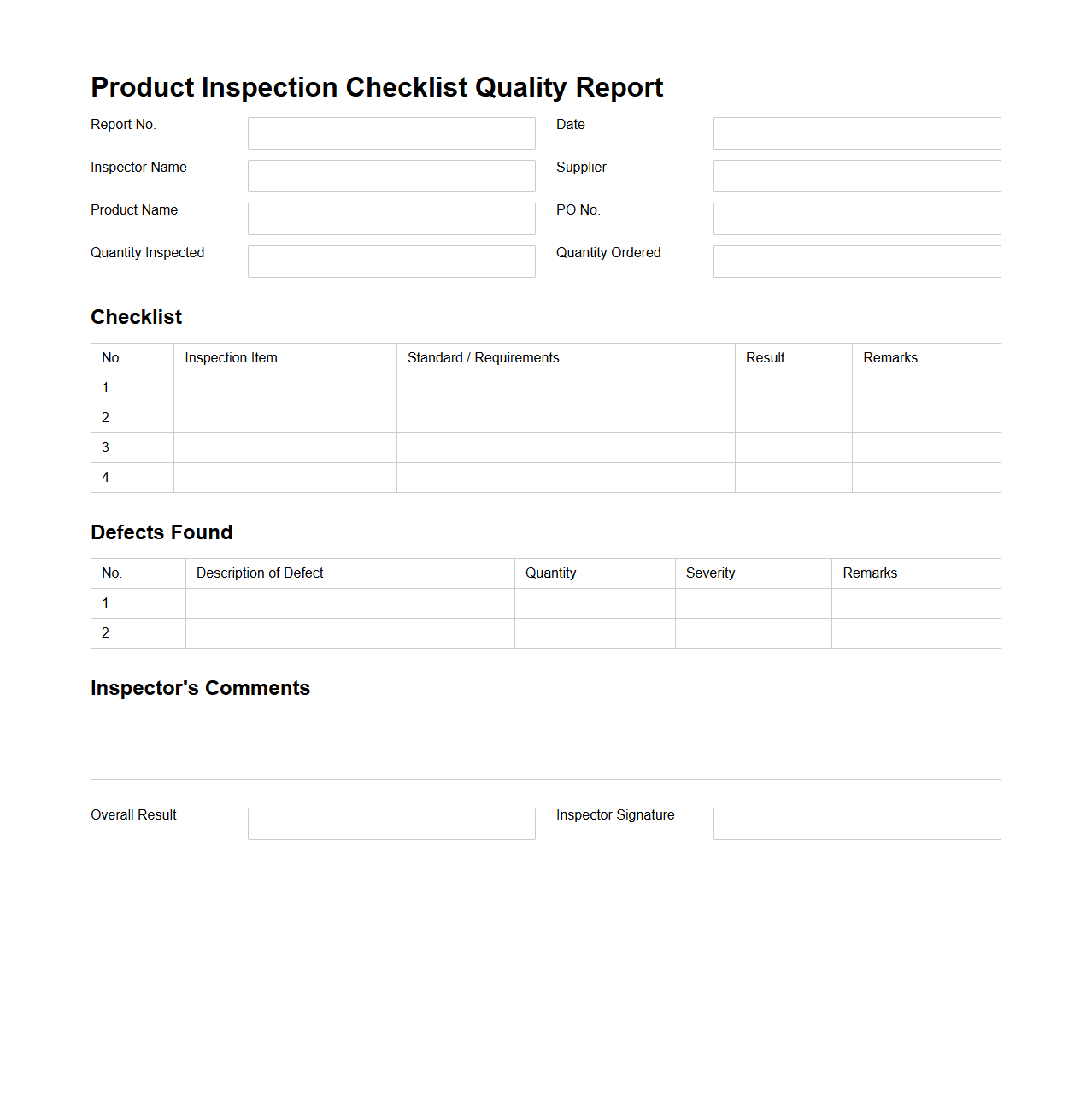 Product Inspection Checklist Quality Report
