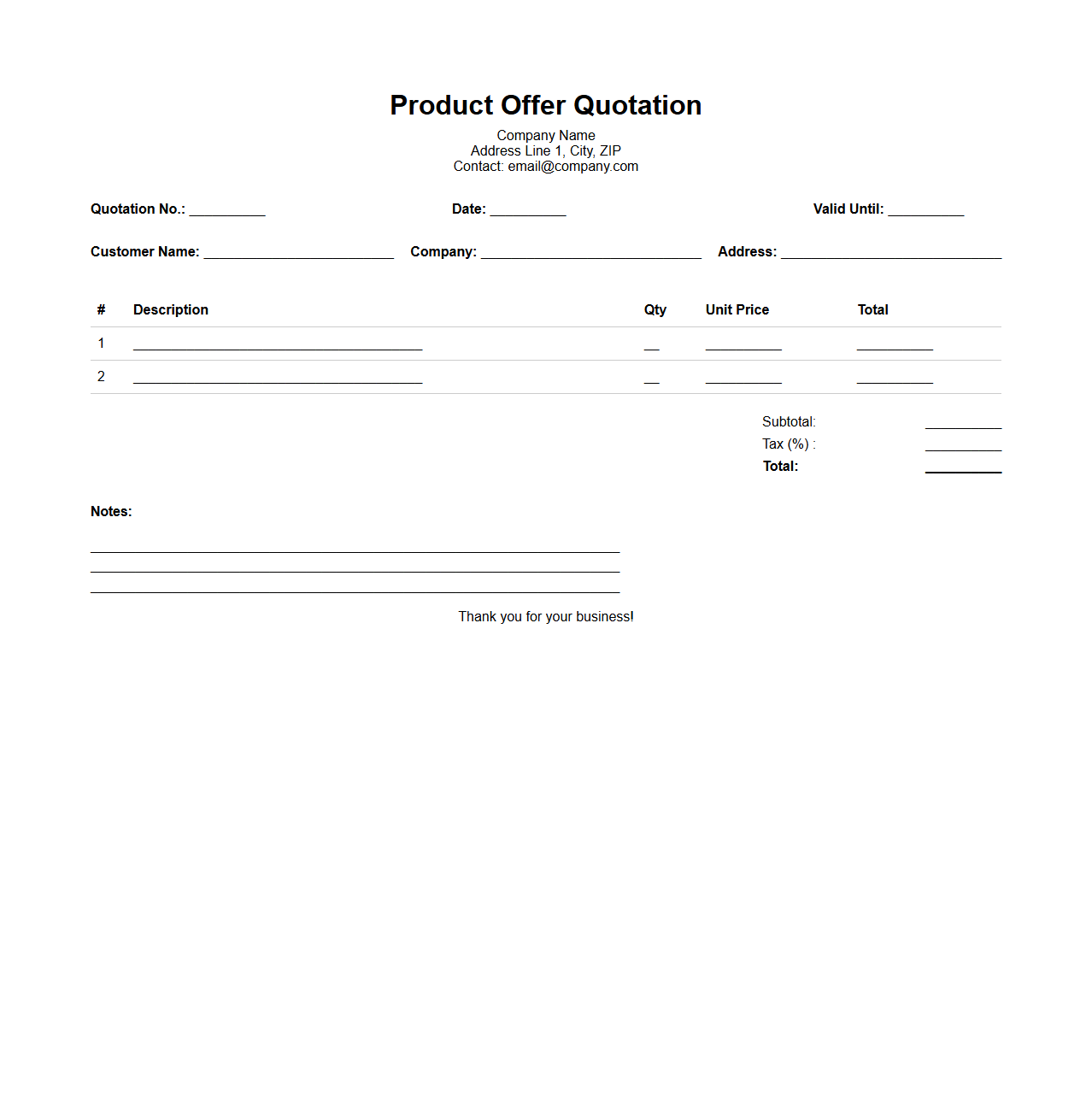Product Offer Quotation Layout for Sales