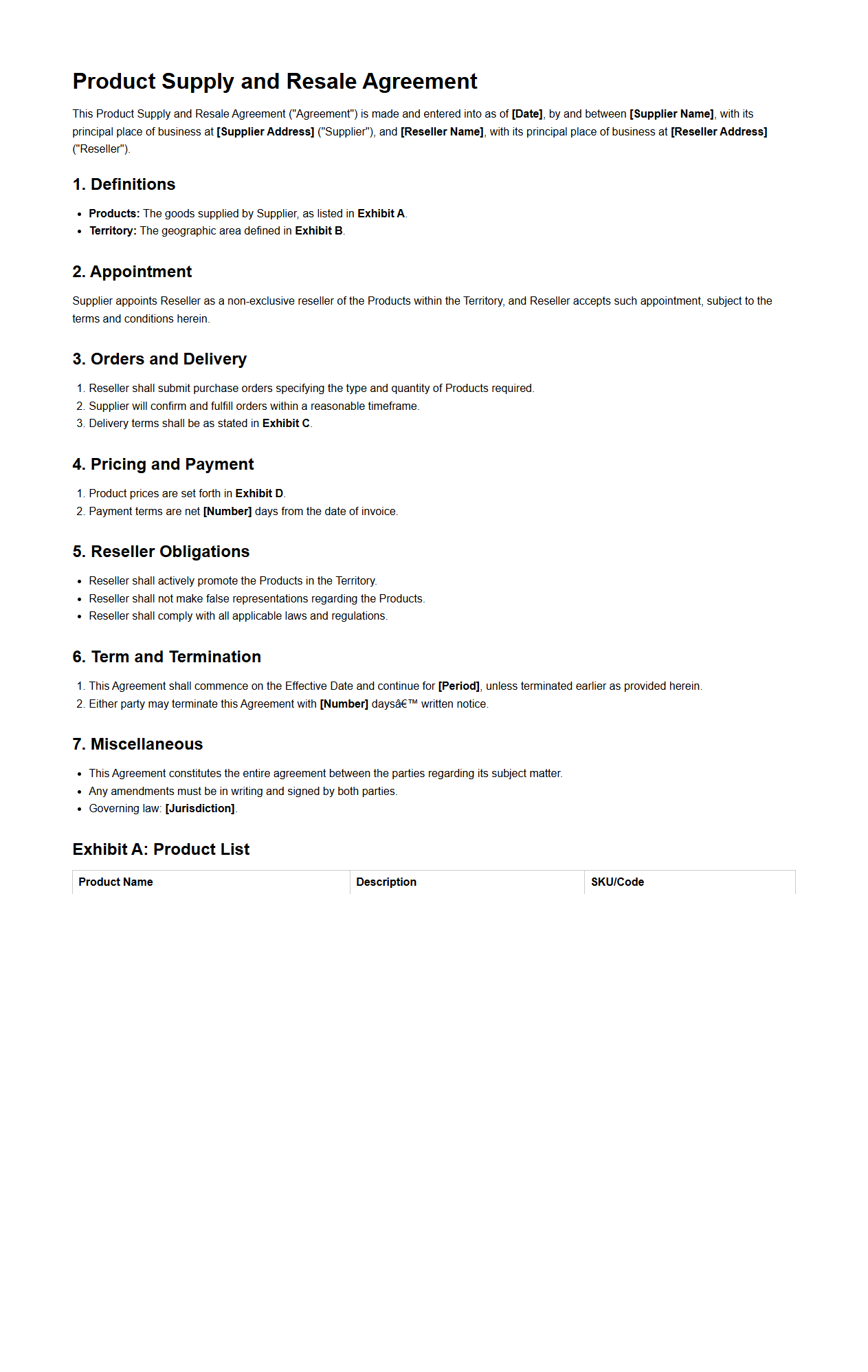 Product Supply and Resale Agreement Sample