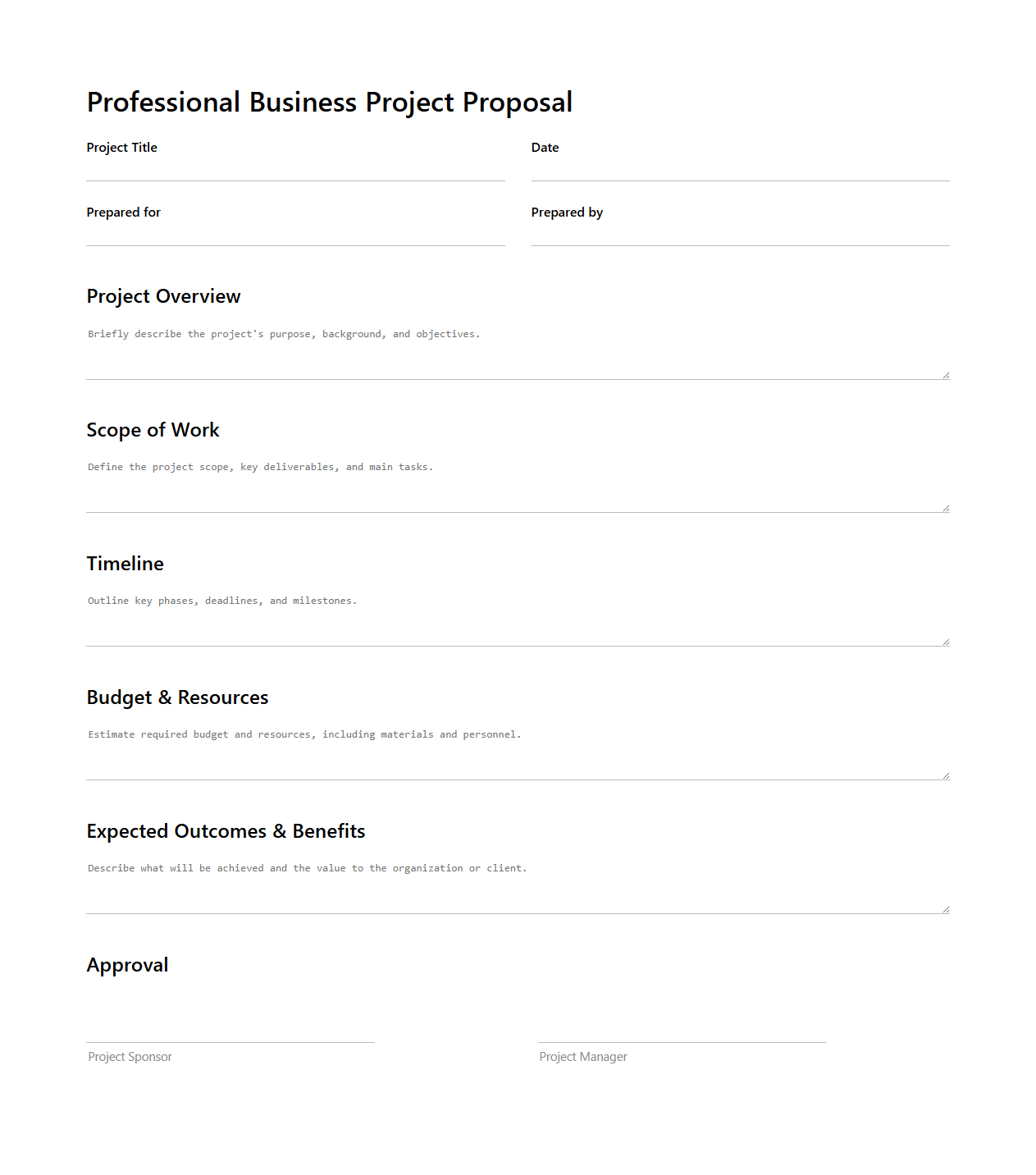 Professional Business Project Proposal Sheet