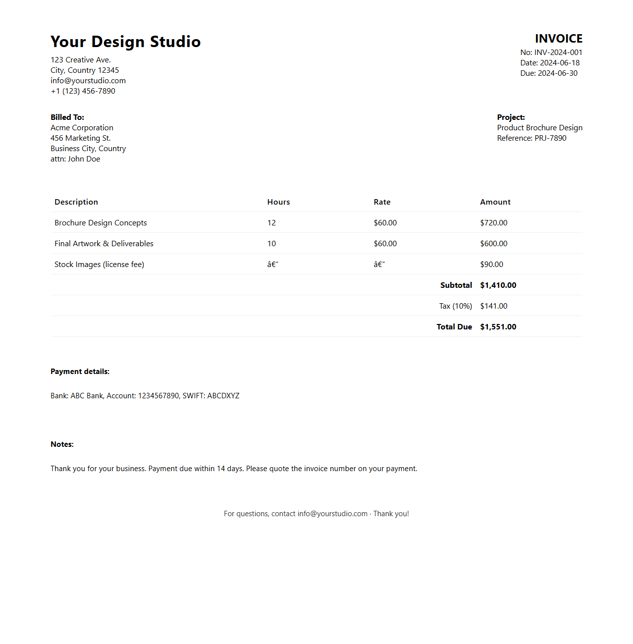 Professional Graphic Design Invoice Sample