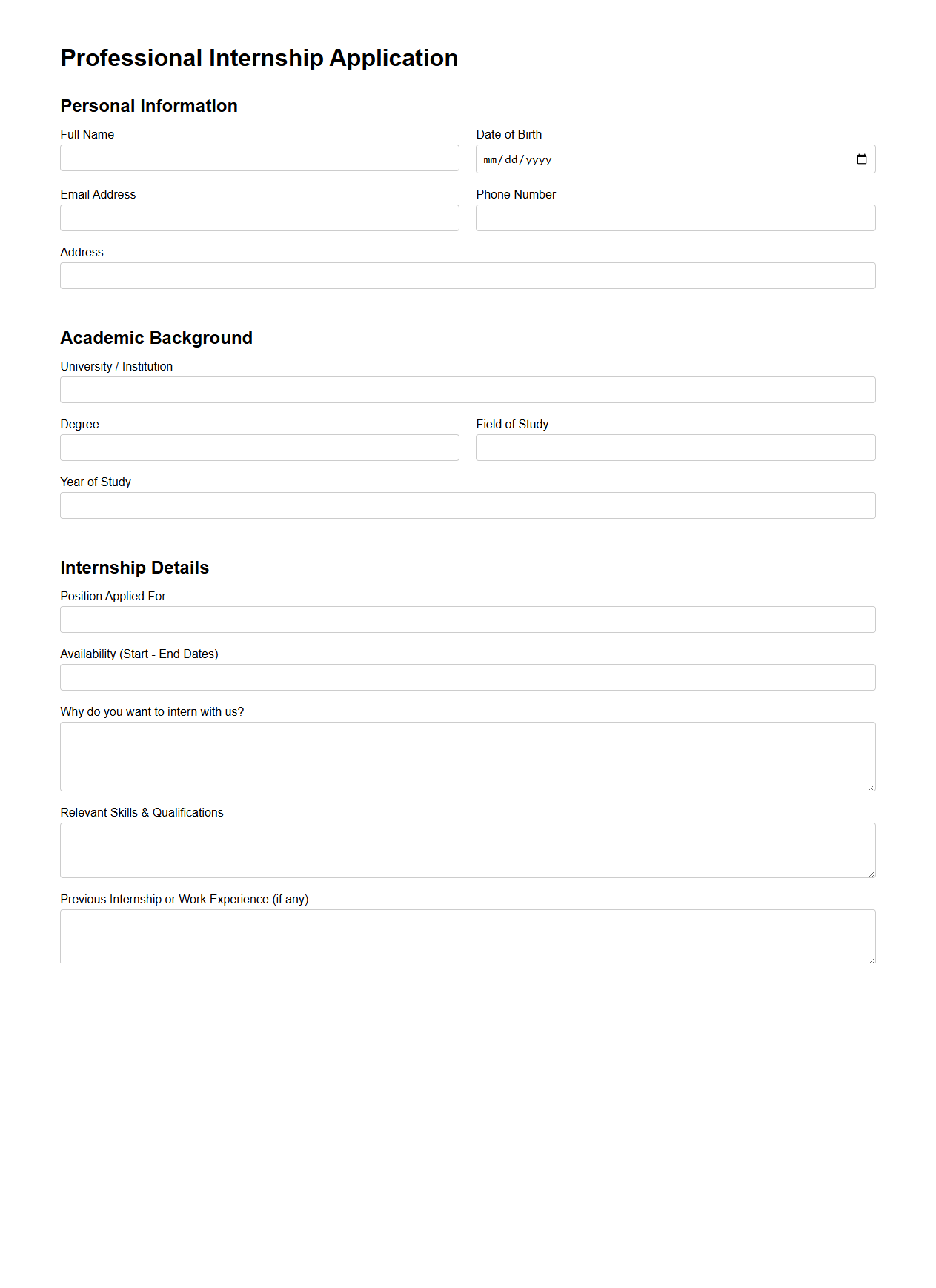 Professional Internship Application Template for Organizations