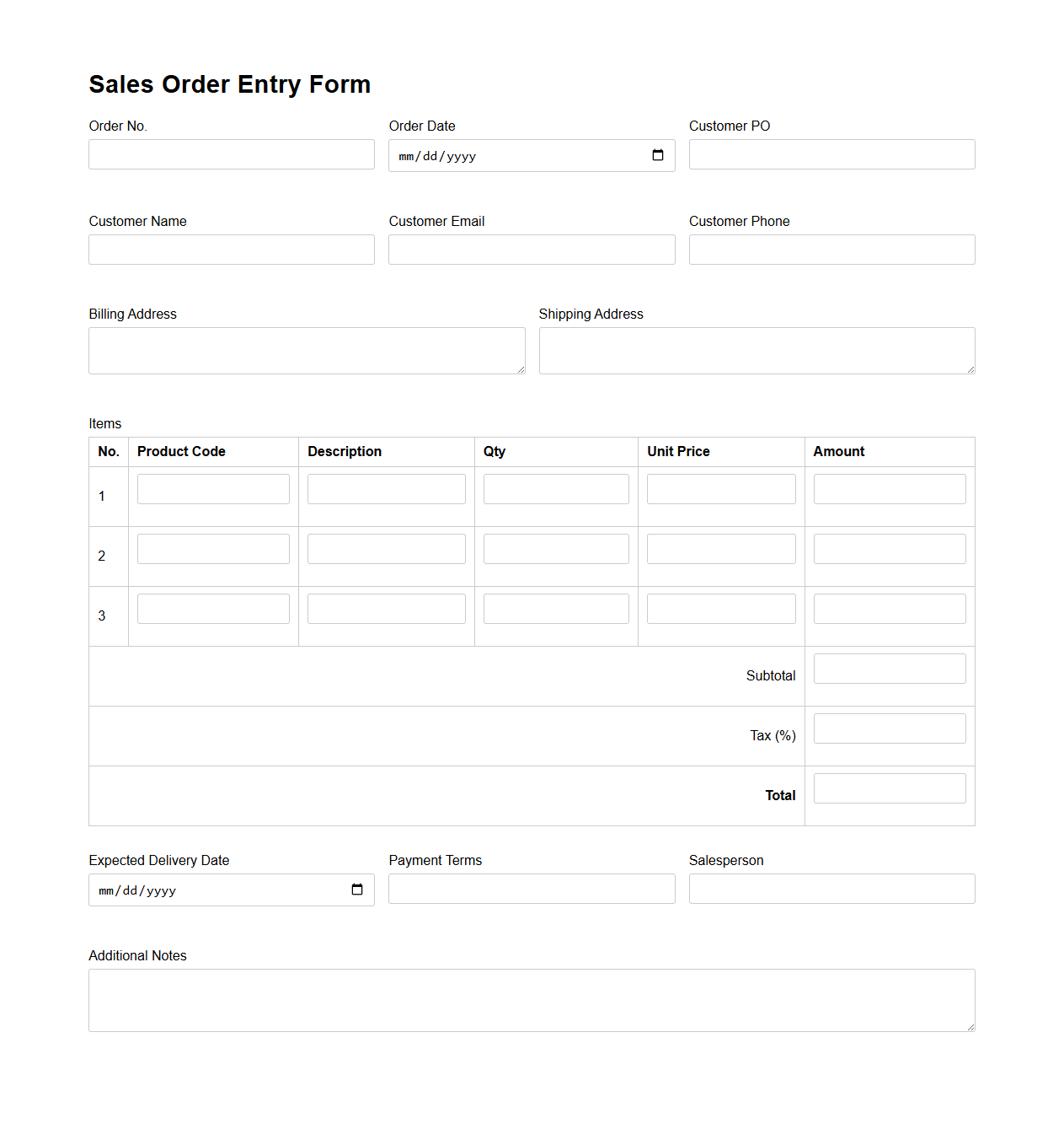 Professional Sales Order Entry Form