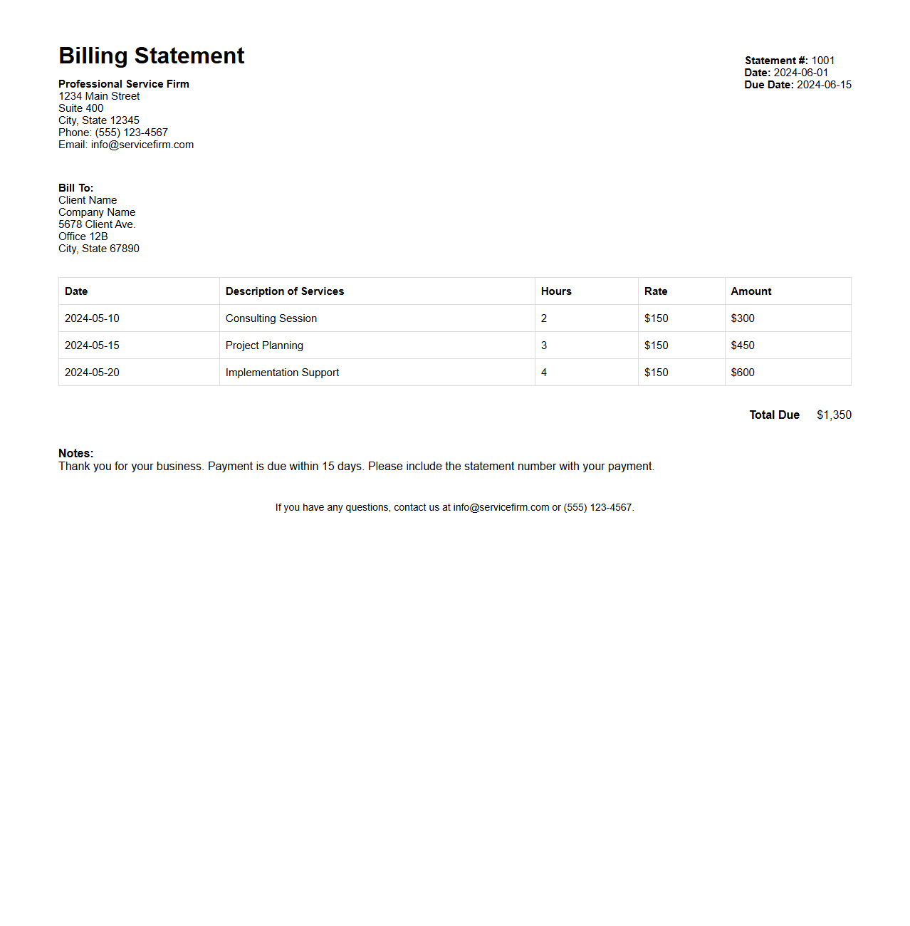 Professional Service Billing Statement