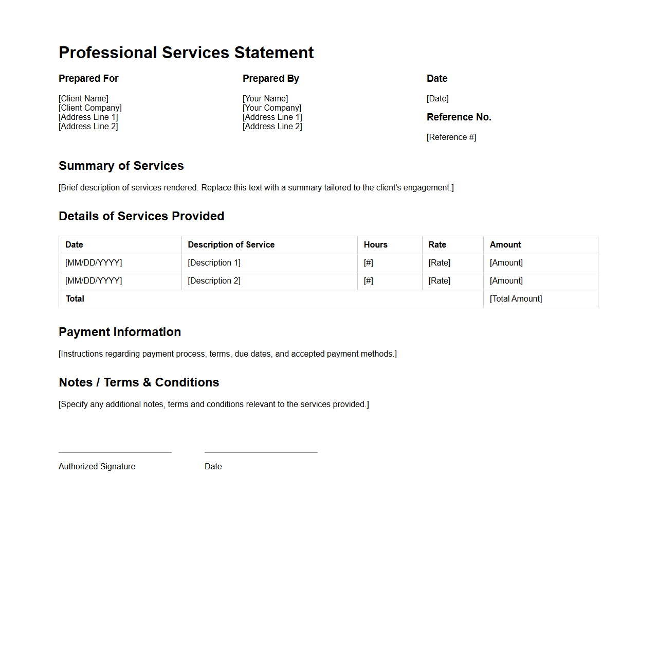Professional Services Statement Format