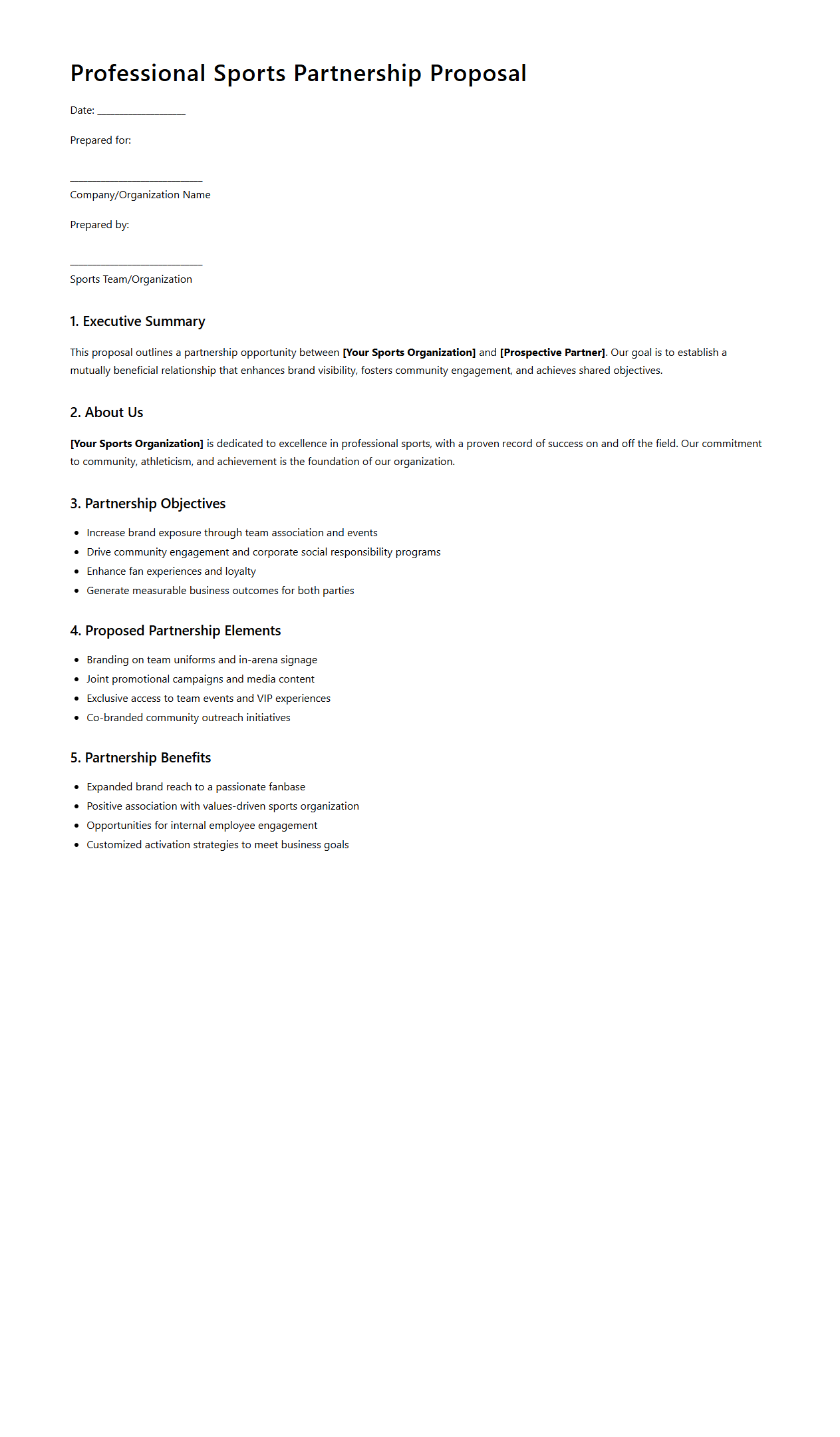 Professional Sports Partnership Proposal Template
