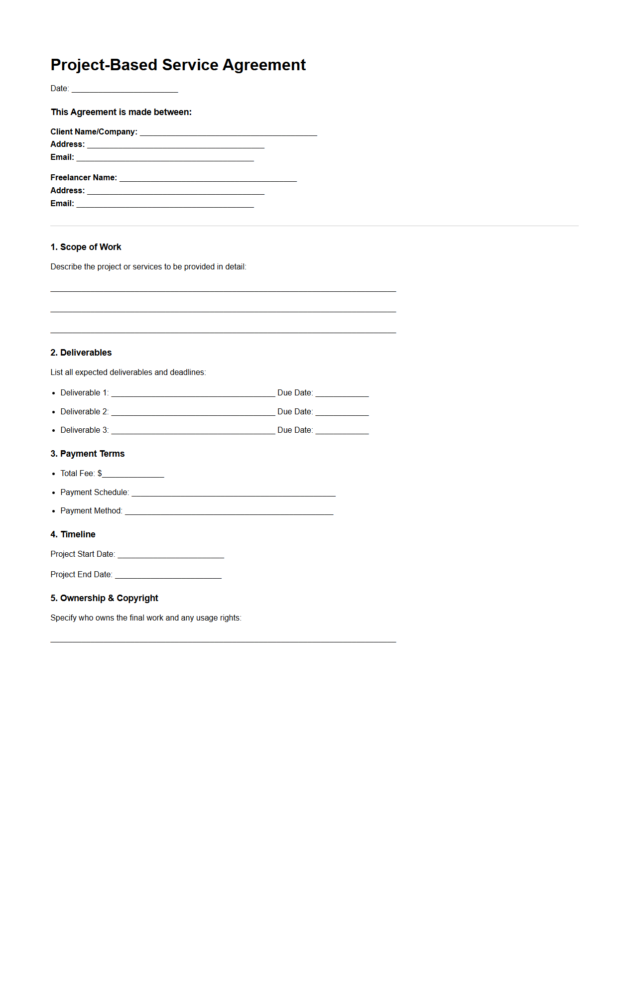 Project-Based Service Agreement Format for Freelance Work
