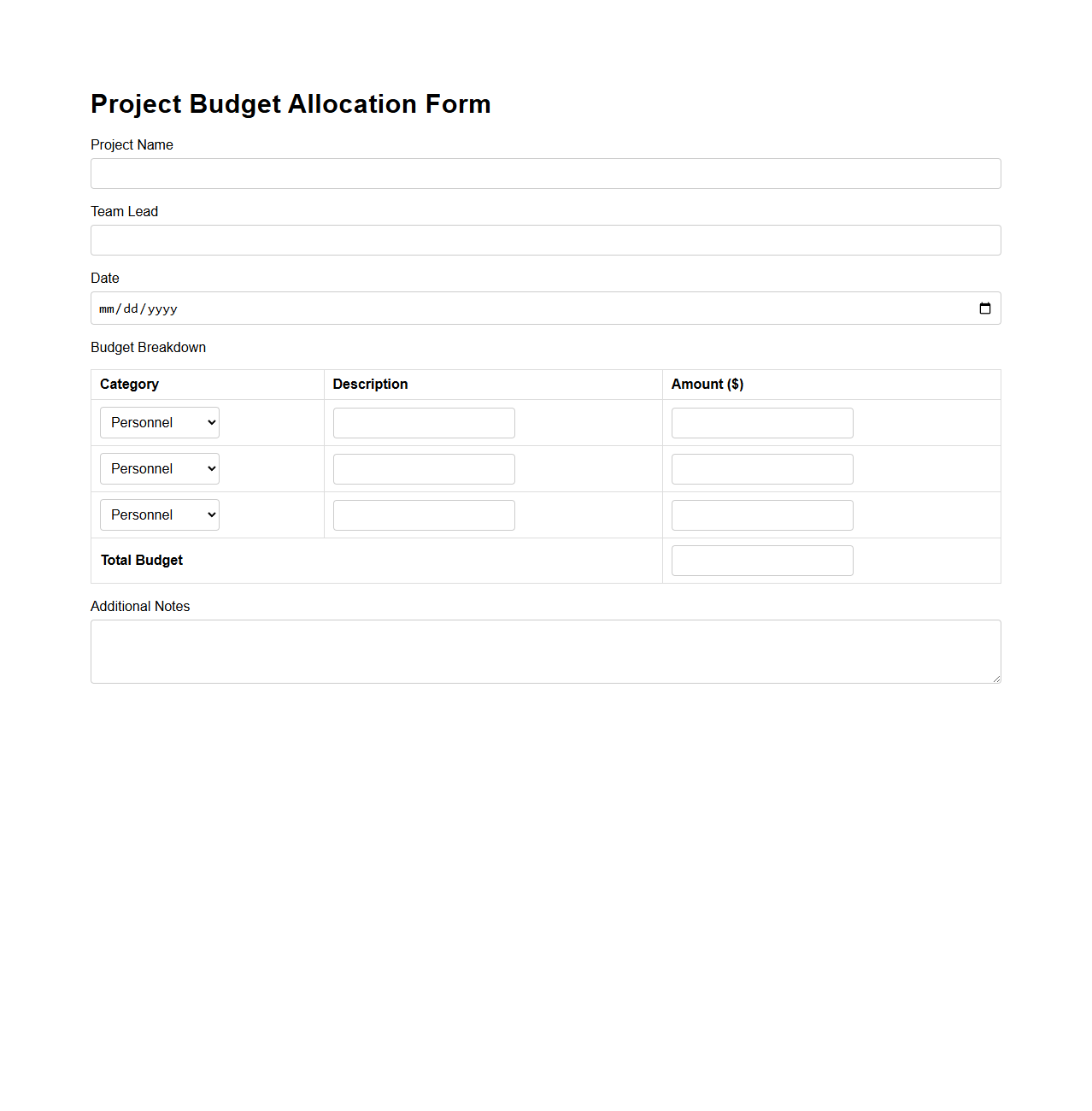 Project Budget Allocation Form for Small Teams