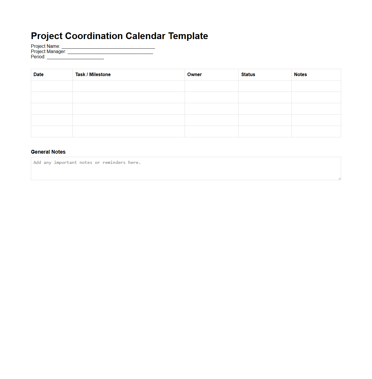 Project Coordination Calendar Template
