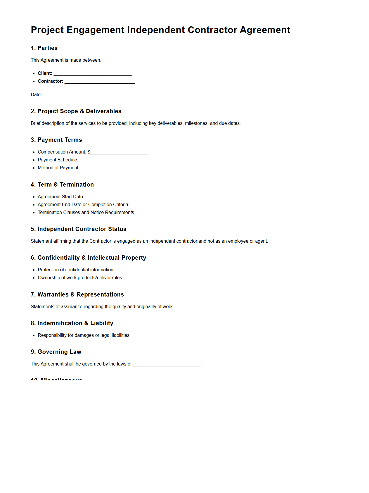 Project Engagement Independent Contractor Agreement Structure