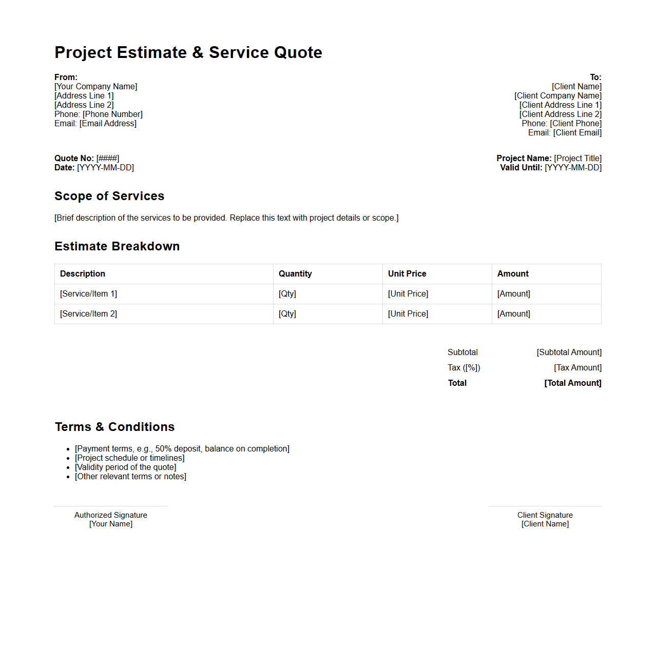 Project Estimate Service Quote Format