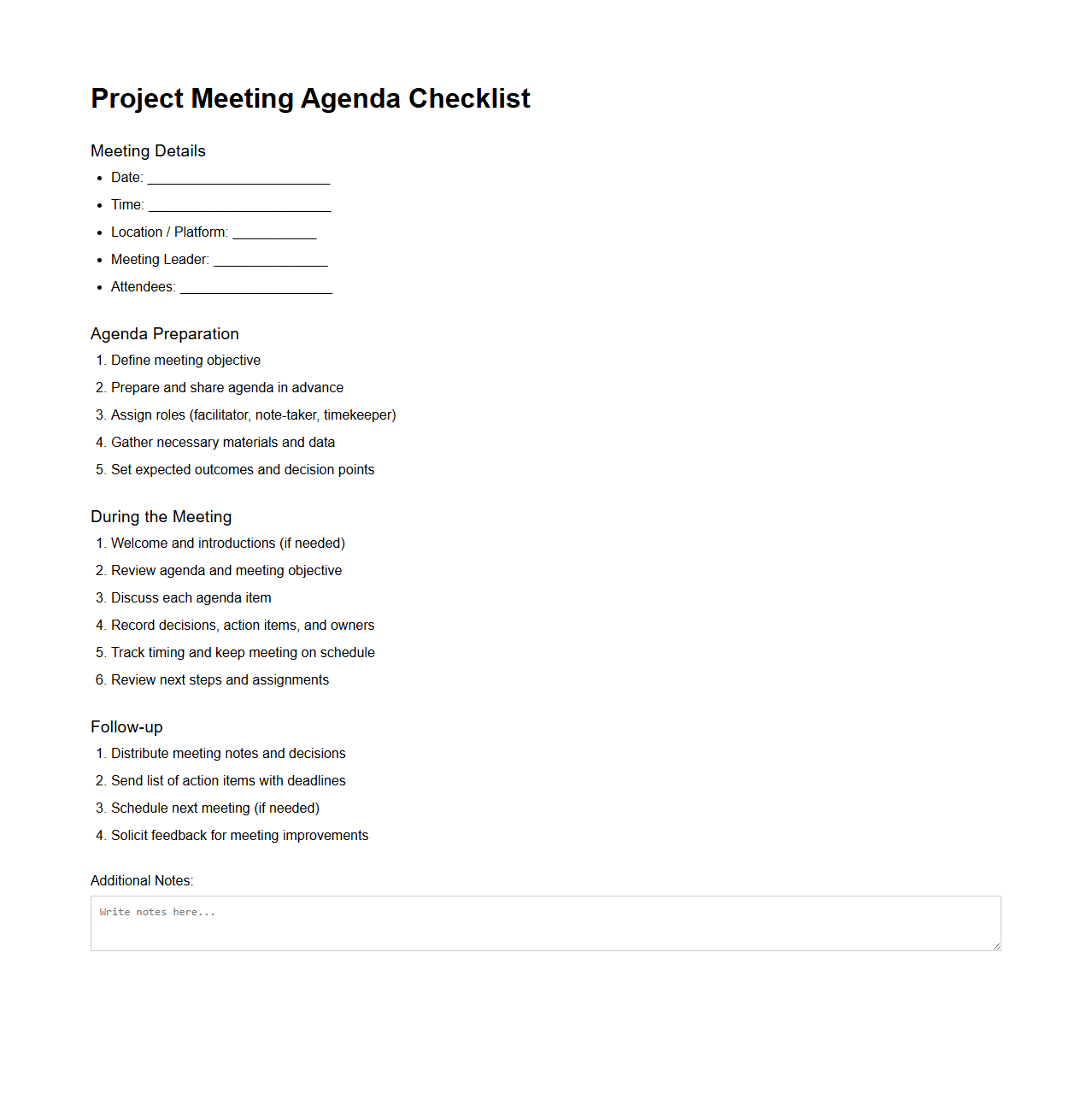 Project Meeting Agenda Checklist for Teams