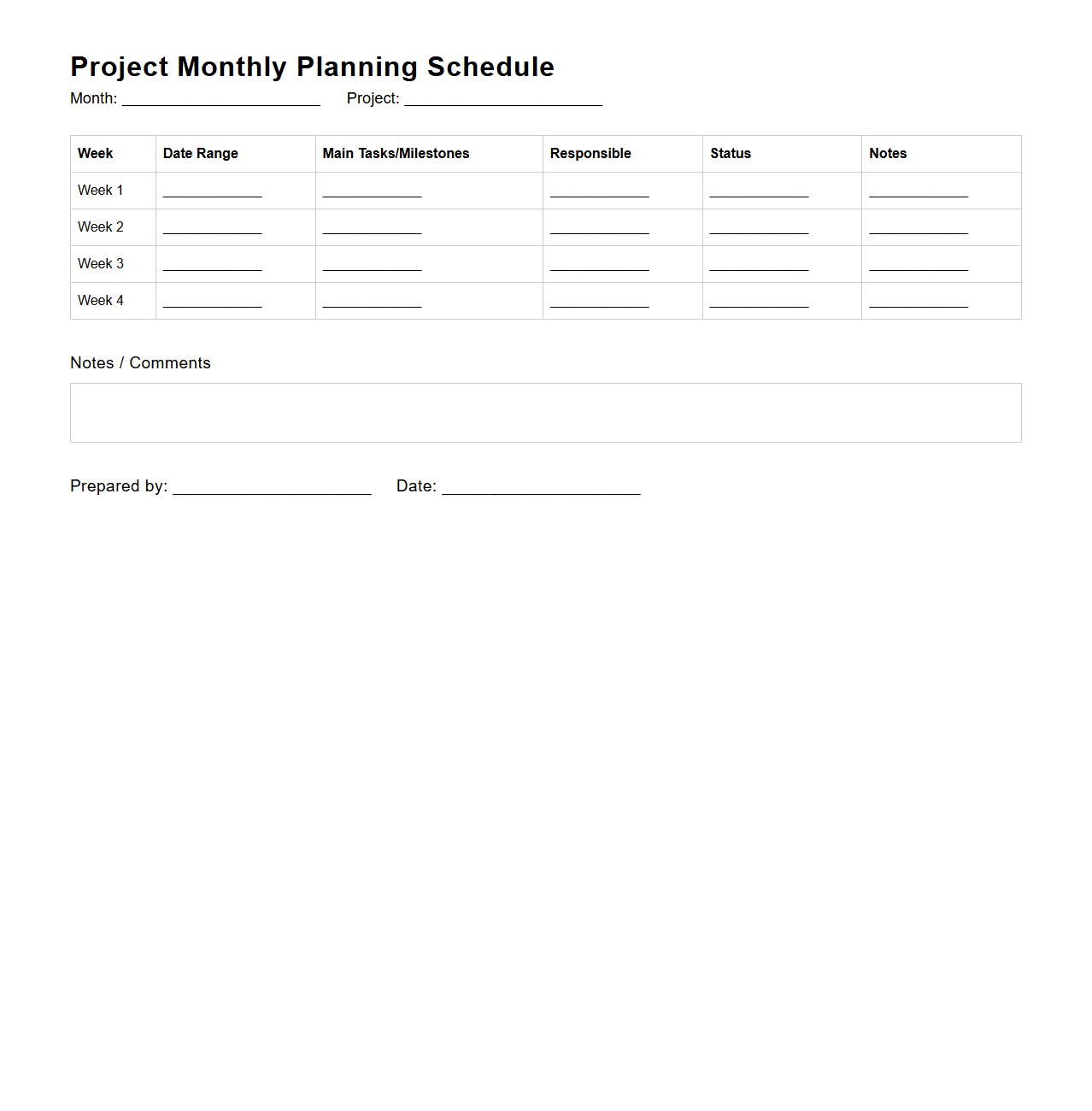 Project Monthly Planning Schedule Template