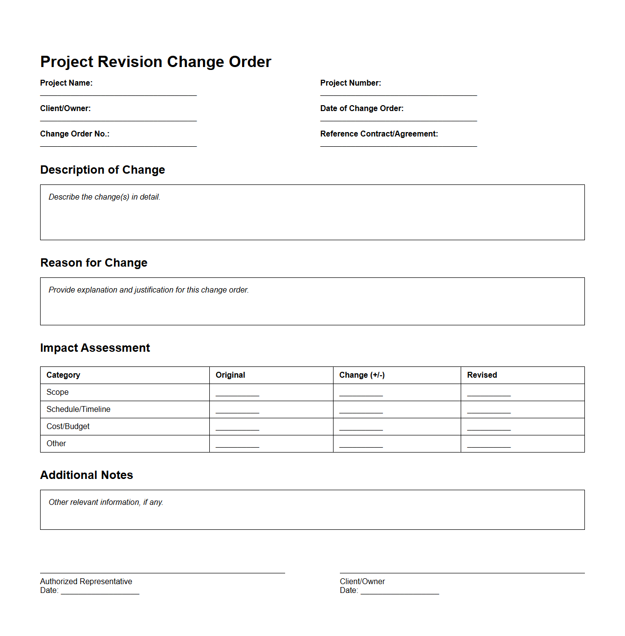 Project Revision Change Order Document
