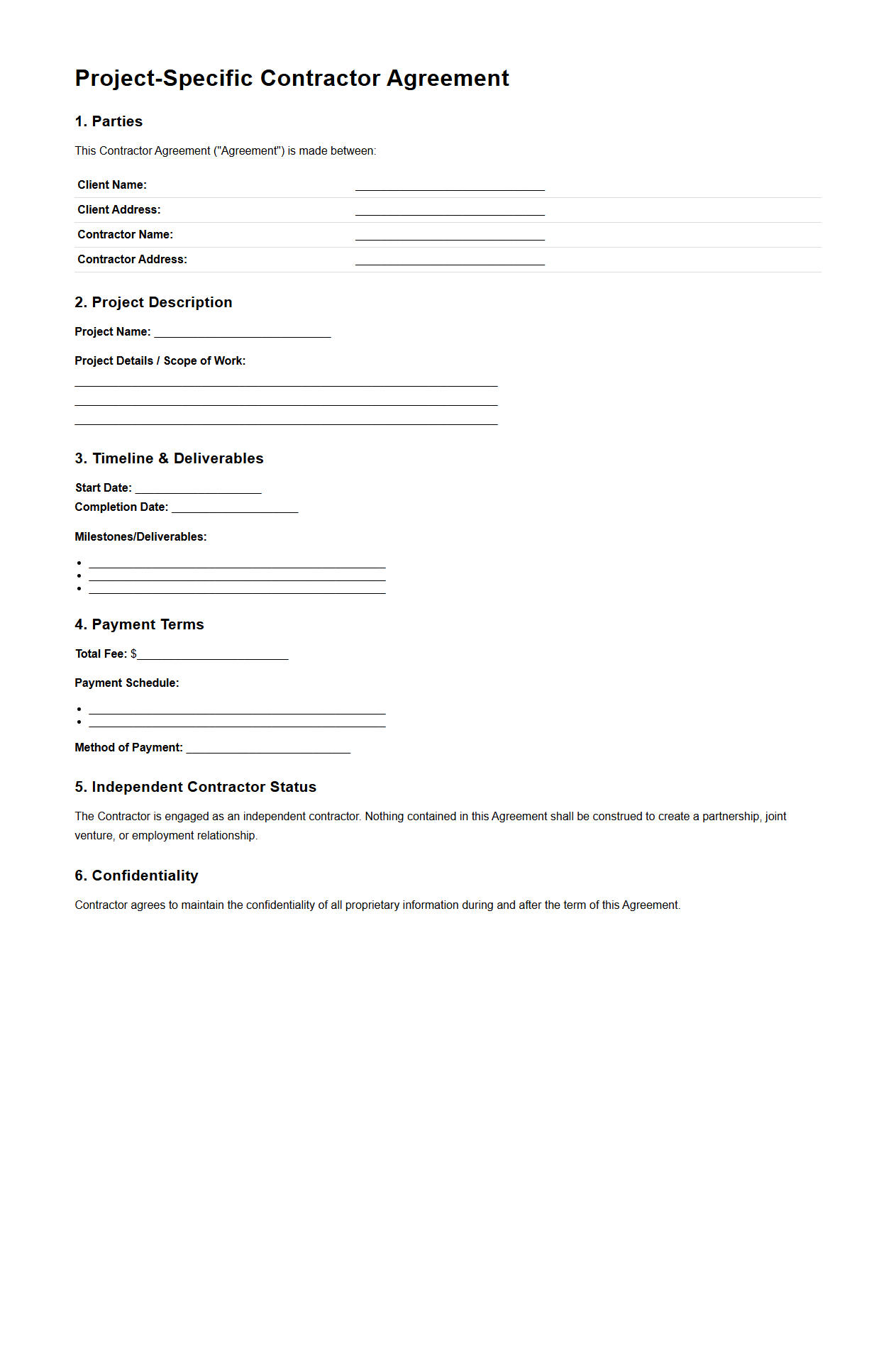 Project-Specific Contractor Agreement Template
