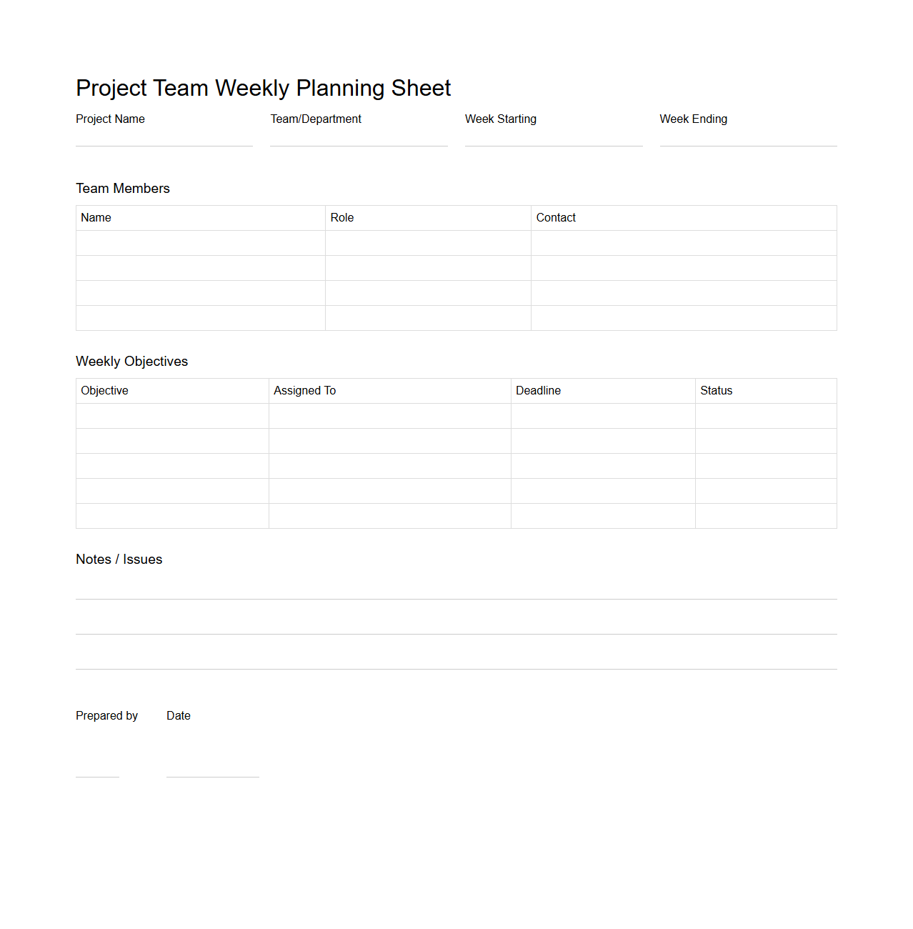 Project Team Weekly Planning Sheet