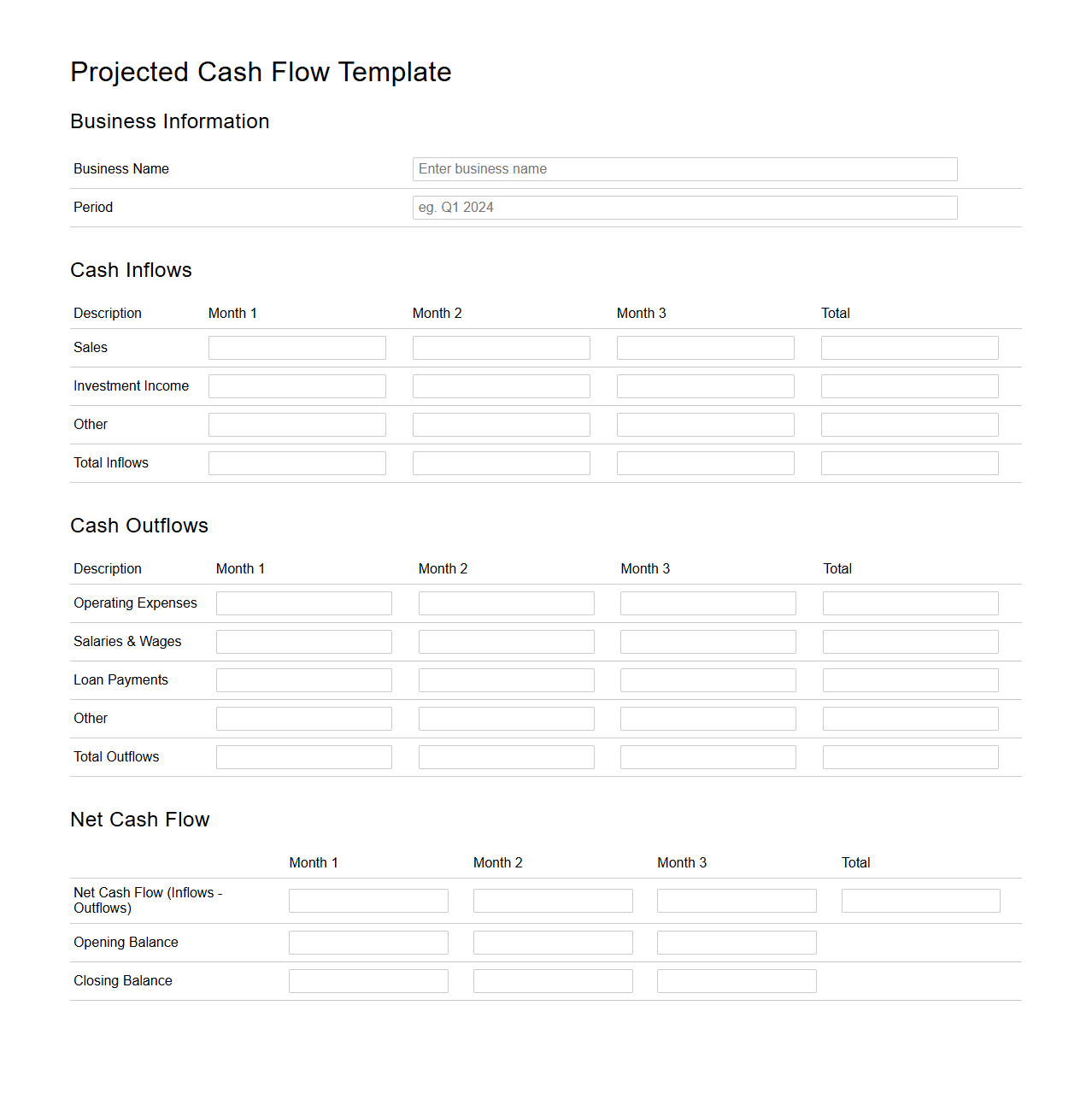 Projected Cash Flow Template for Financial Planning