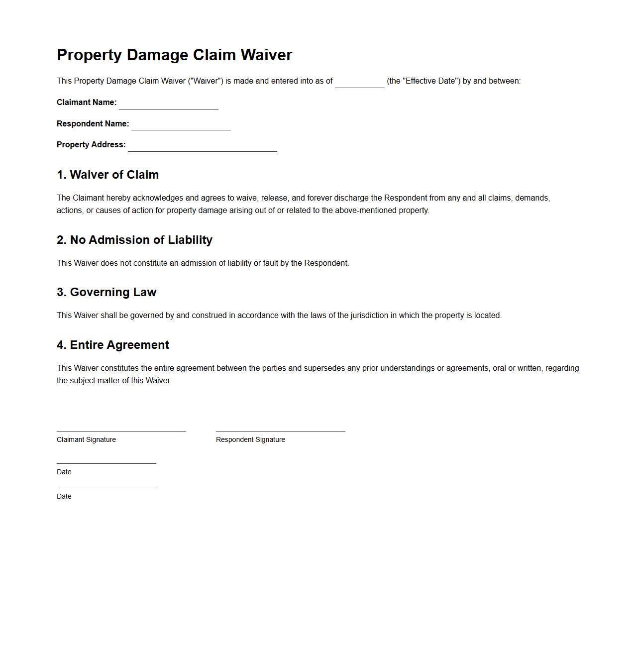 Property Damage Claim Waiver Sample