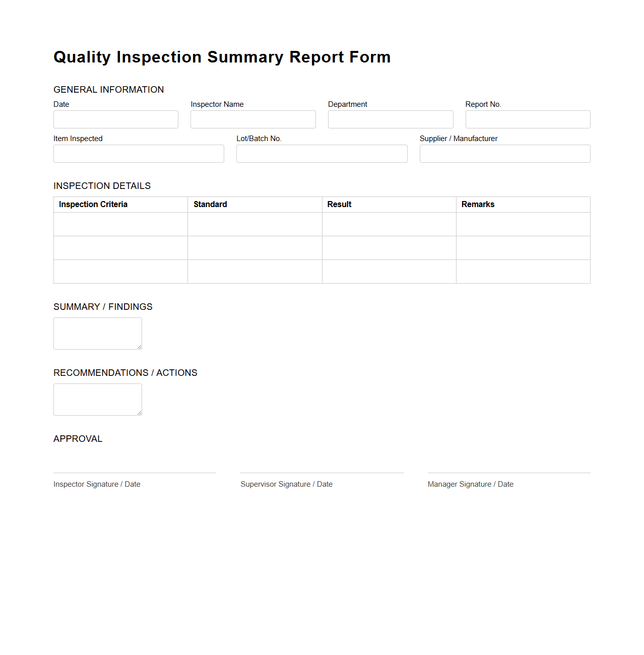 Quality Inspection Summary Report Form