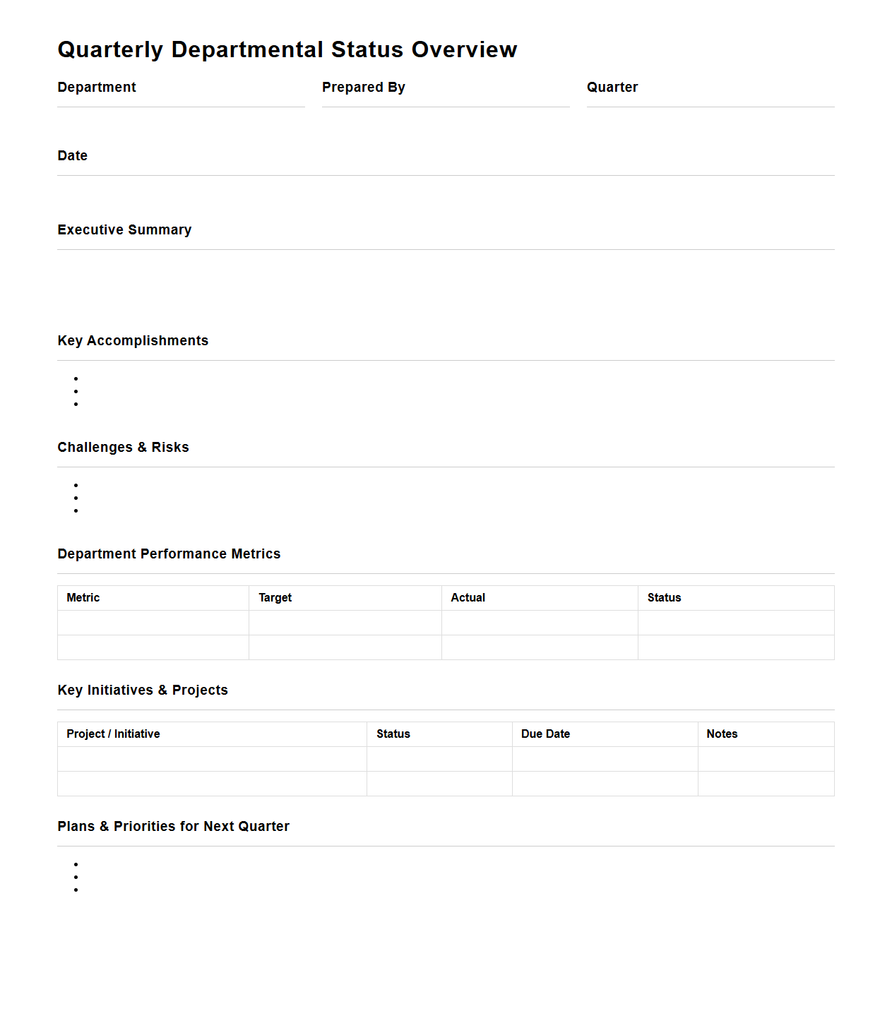 Quarterly Departmental Status Overview Template