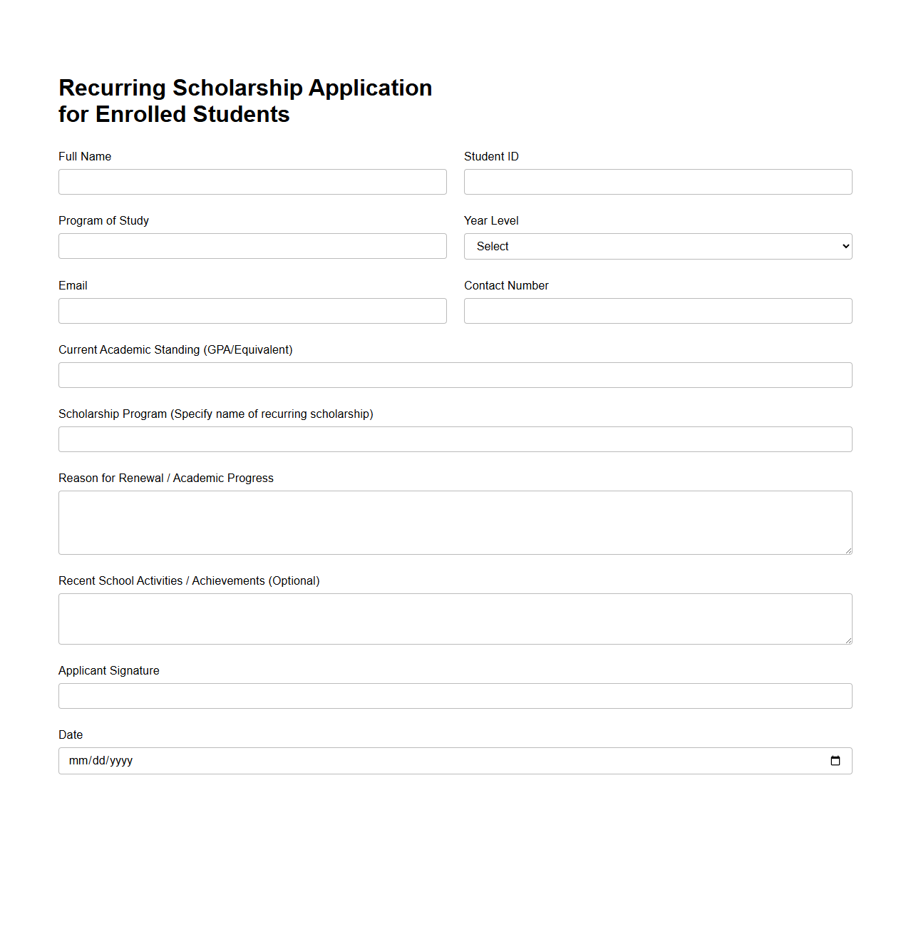 Recurring Scholarship Application for Enrolled Students