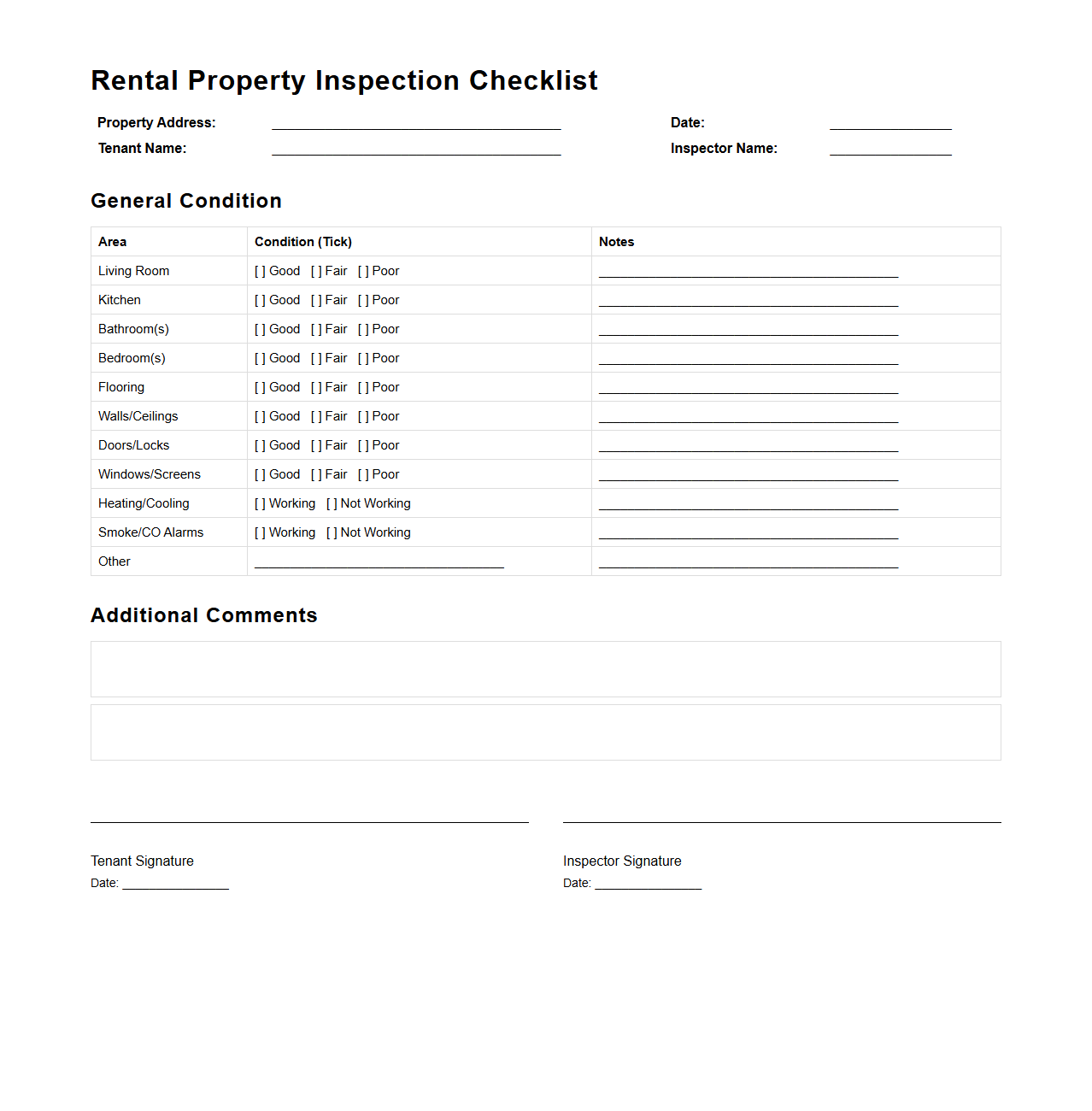 Rental Property Inspection Blank Checklist