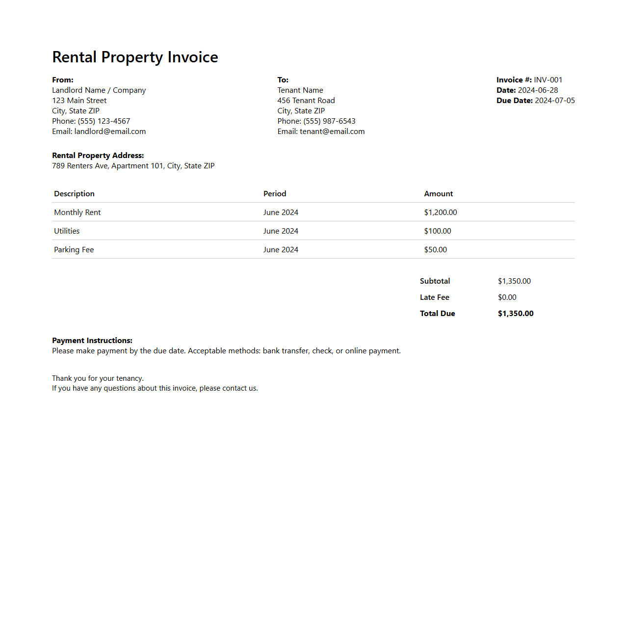 Rental Property Invoice Sample Template
